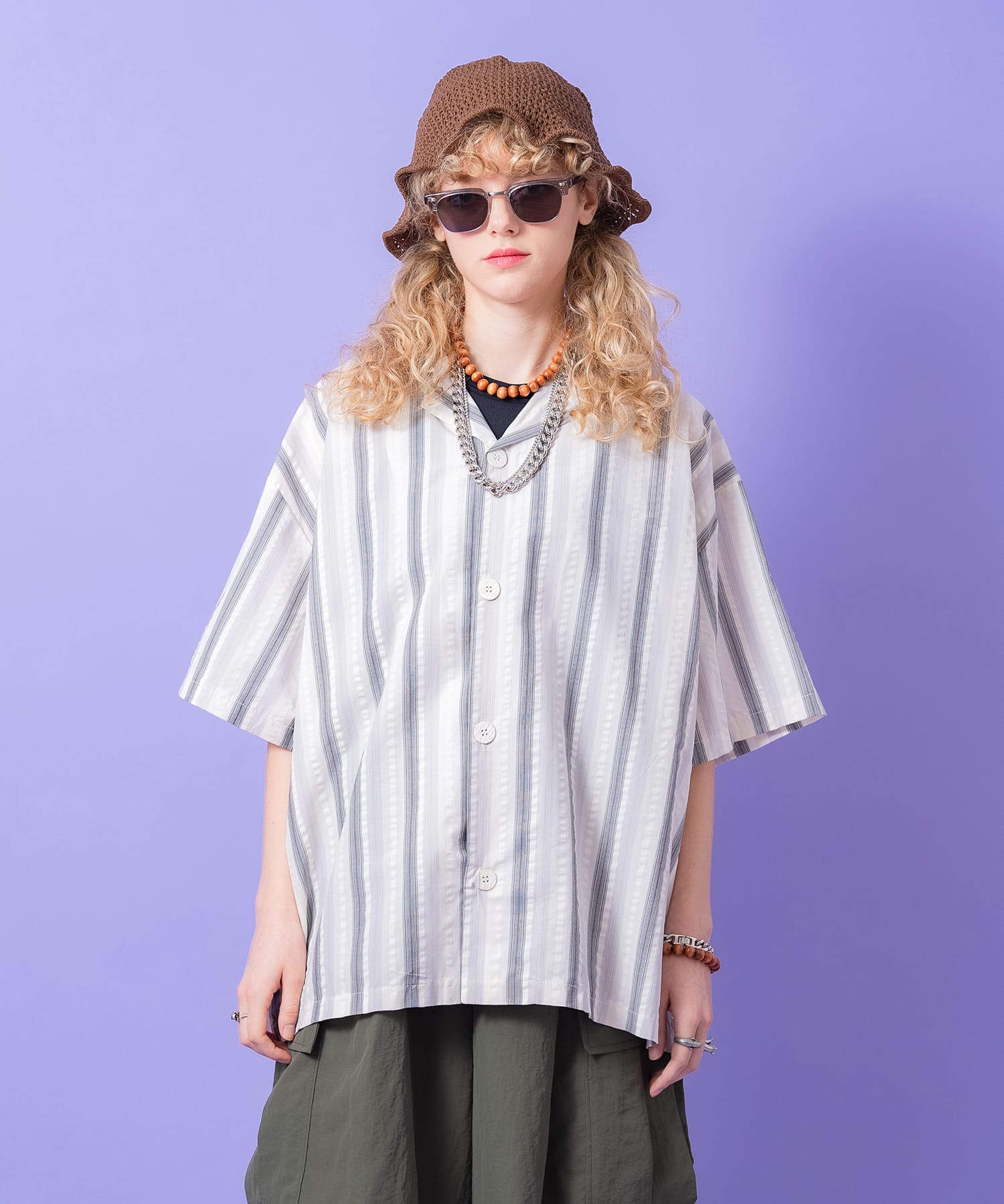 ウェーブミックスマルチストライプオーバーサイズオープンカラーシャツ