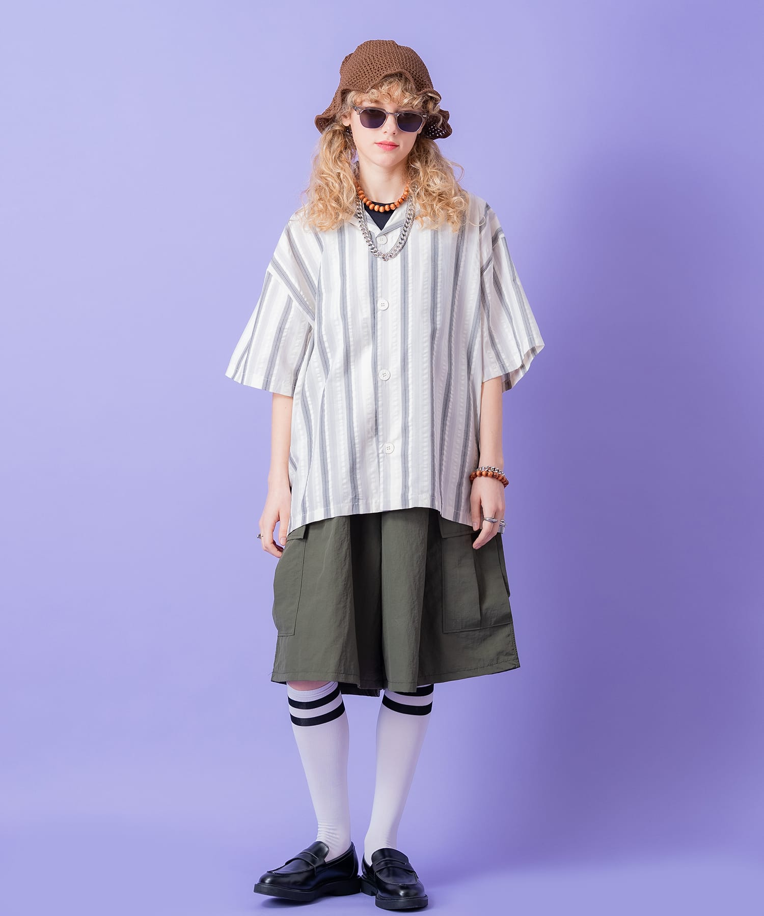 ウェーブミックスマルチストライプオーバーサイズオープンカラーシャツ