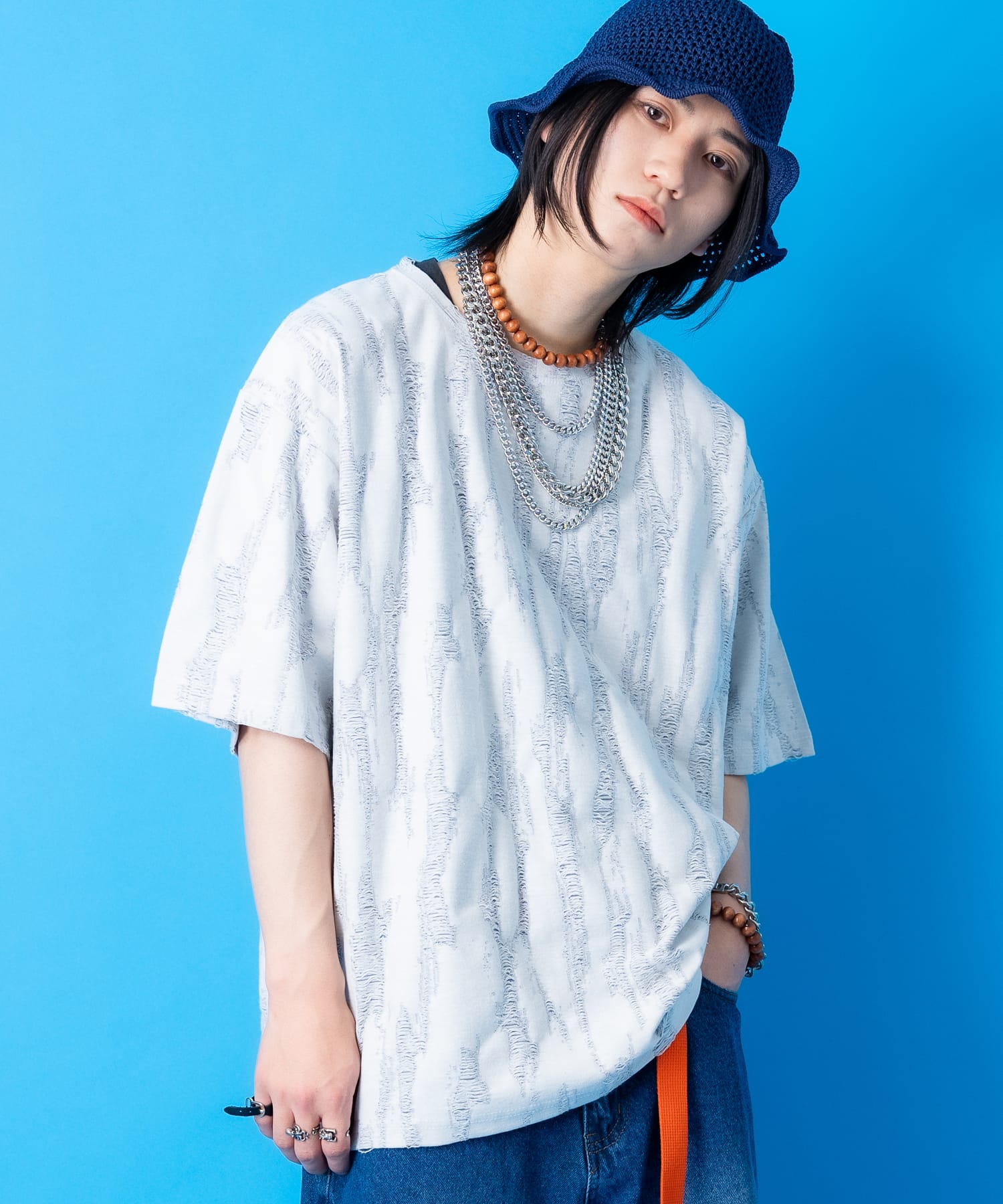 a.p.o.v.  ジャガード編みフリンジダメージ加工模様オーバーサイズTシャツ