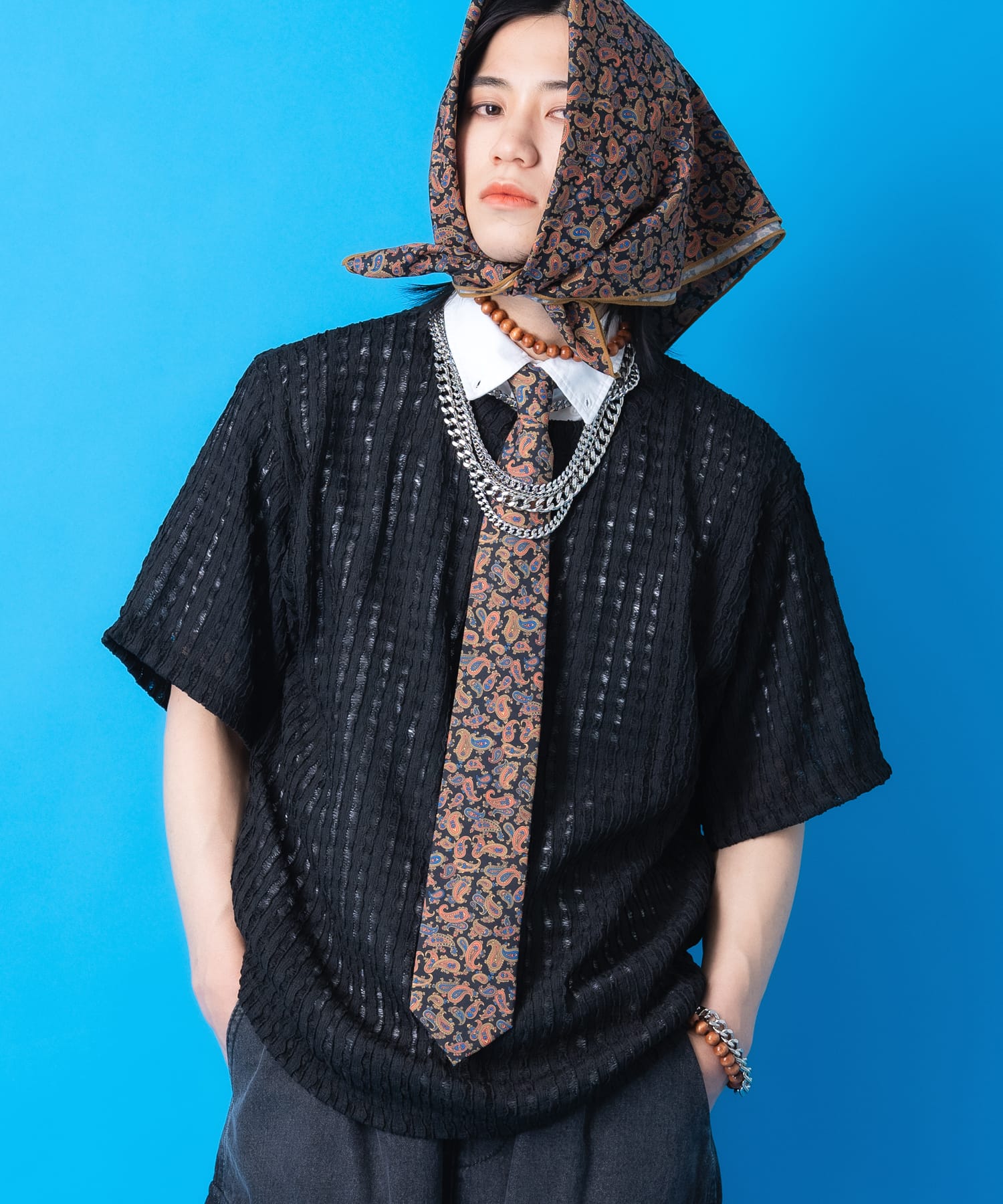 ウェーブレース編みシースルーストライプニットTシャツ / 半袖