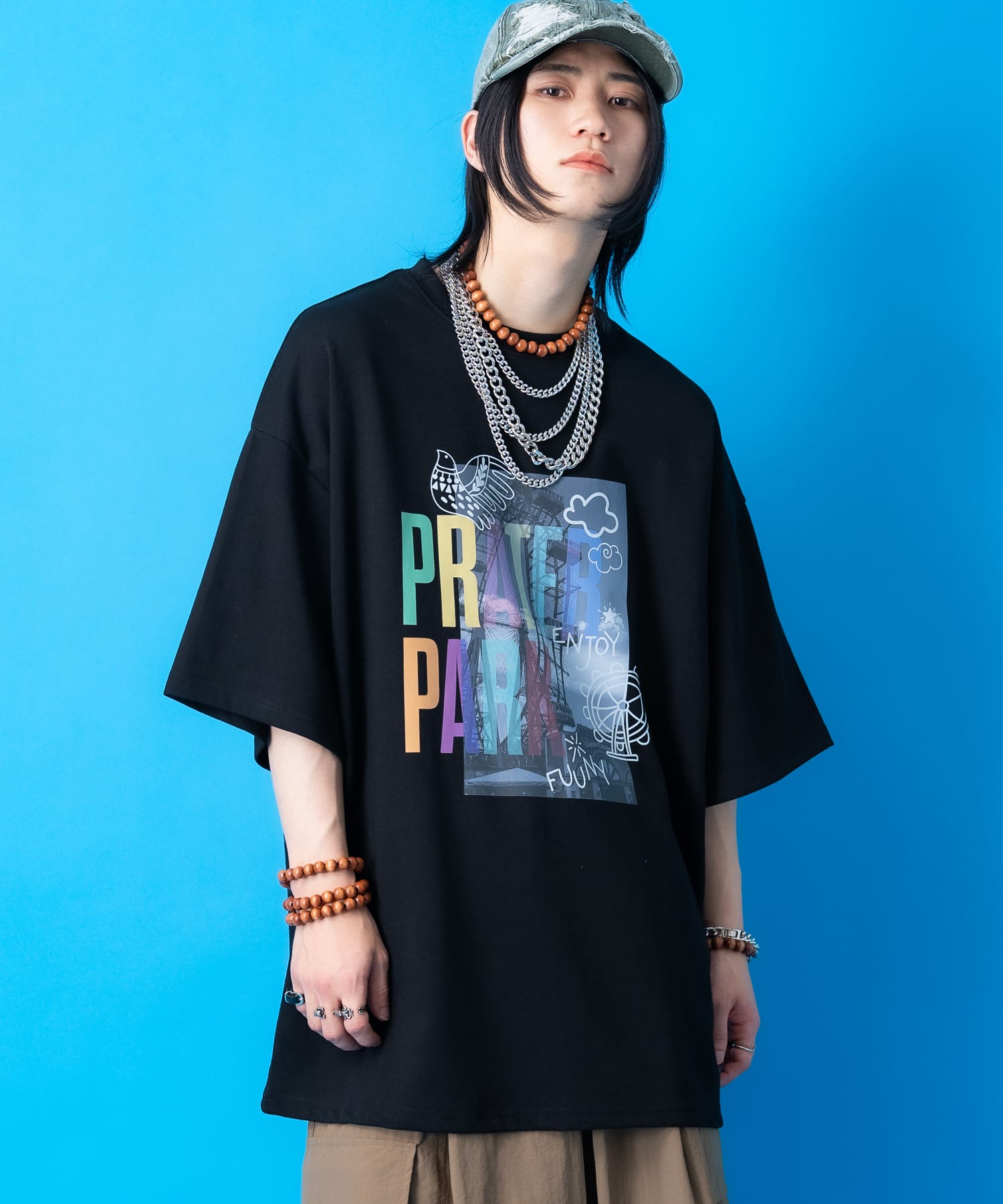 ankoROCK オーバーサイズ Tシャツ 襟 袖ライン 黒 シンプル ankoROCK アンコロック レディース ハイネック Tシャツ オーバーサイズ