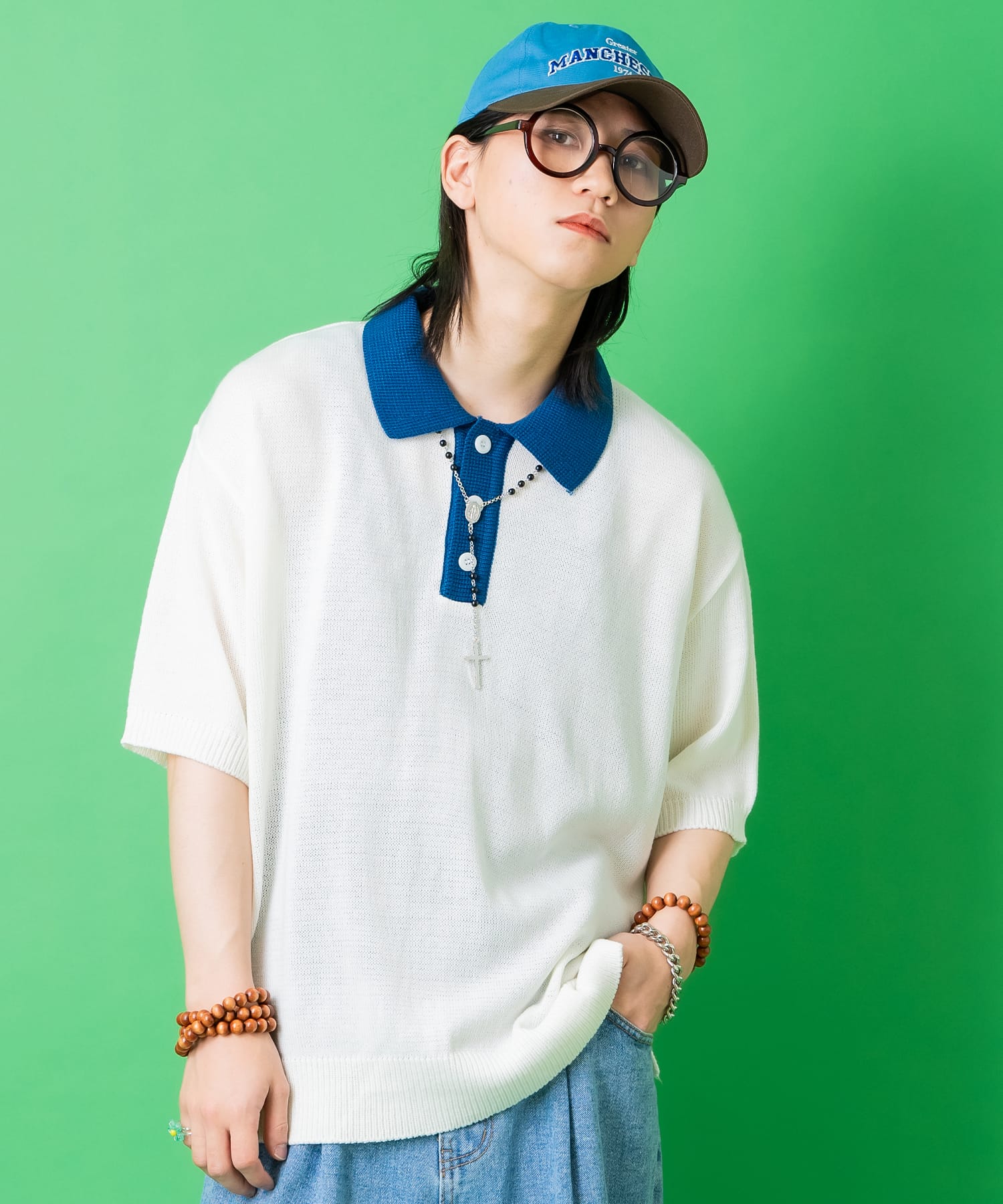 【期間限定 10％OFF】 a.p.o.v. -ankoROCK's select- オーバーサイズレトロ２トーン切り替えニットポロシャツ