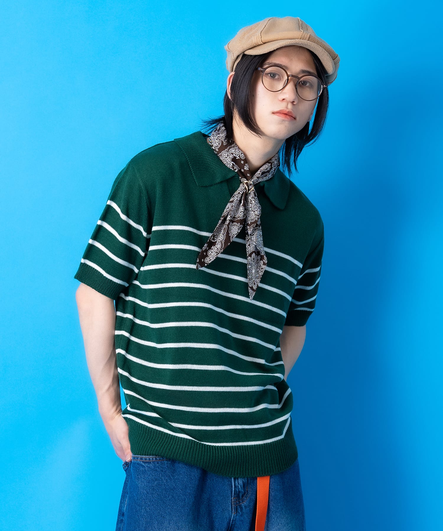 マリンボーダーニットスキッパーポロシャツ / 半袖 メンズ