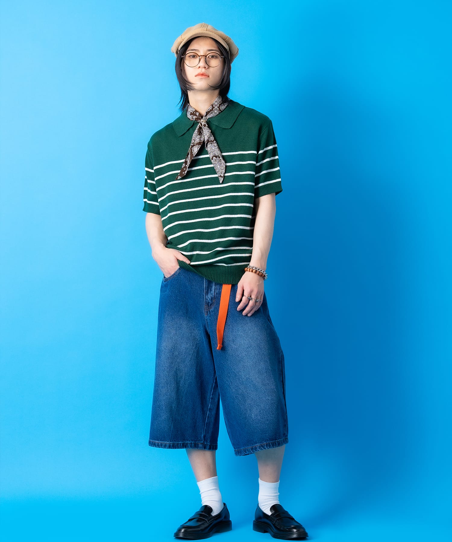 マリンボーダーニットスキッパーポロシャツ / 半袖 メンズ