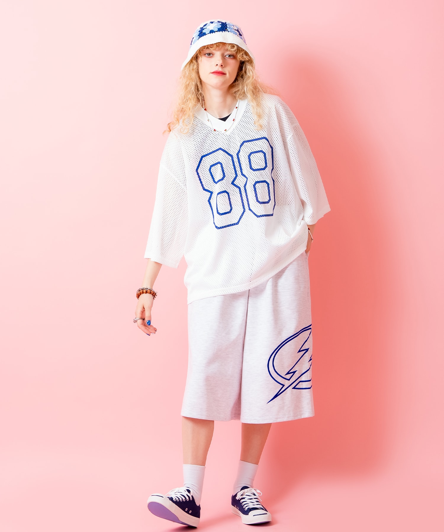 ナンバリングプリントクロップド丈オーバーサイズメッシュゲームシャツ