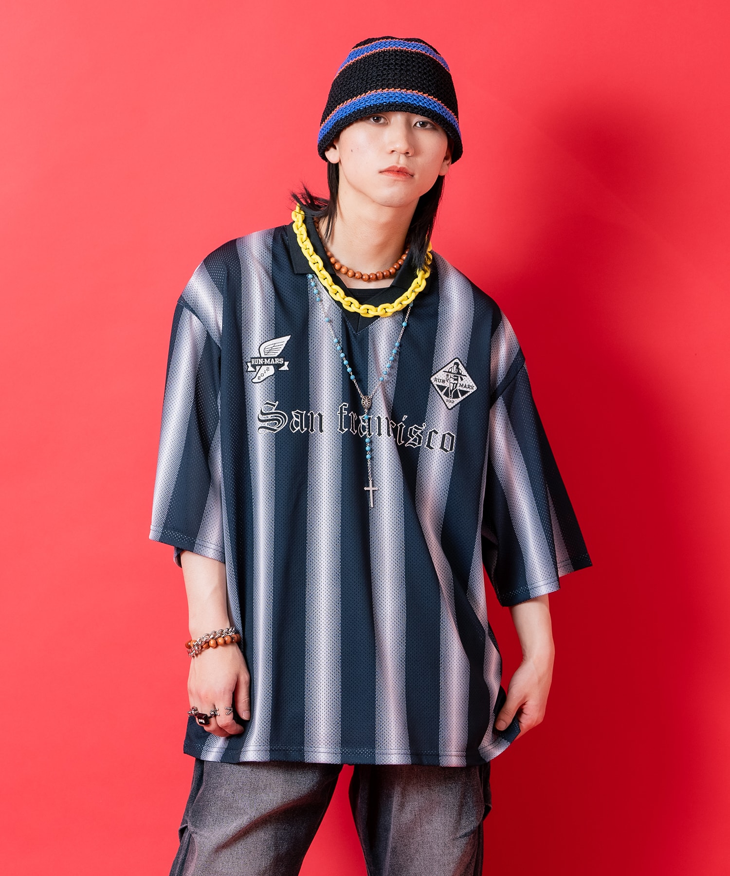 a.p.o.v.  ストライプオーバーサイズメッシュ襟付きサッカーシャツ