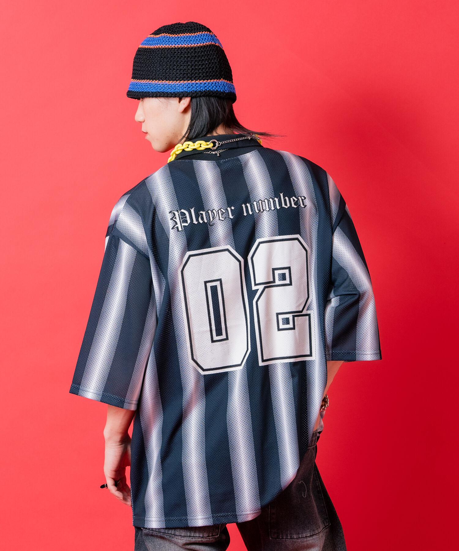 ストライプオーバーサイズメッシュ襟付きサッカーシャツ / 半袖