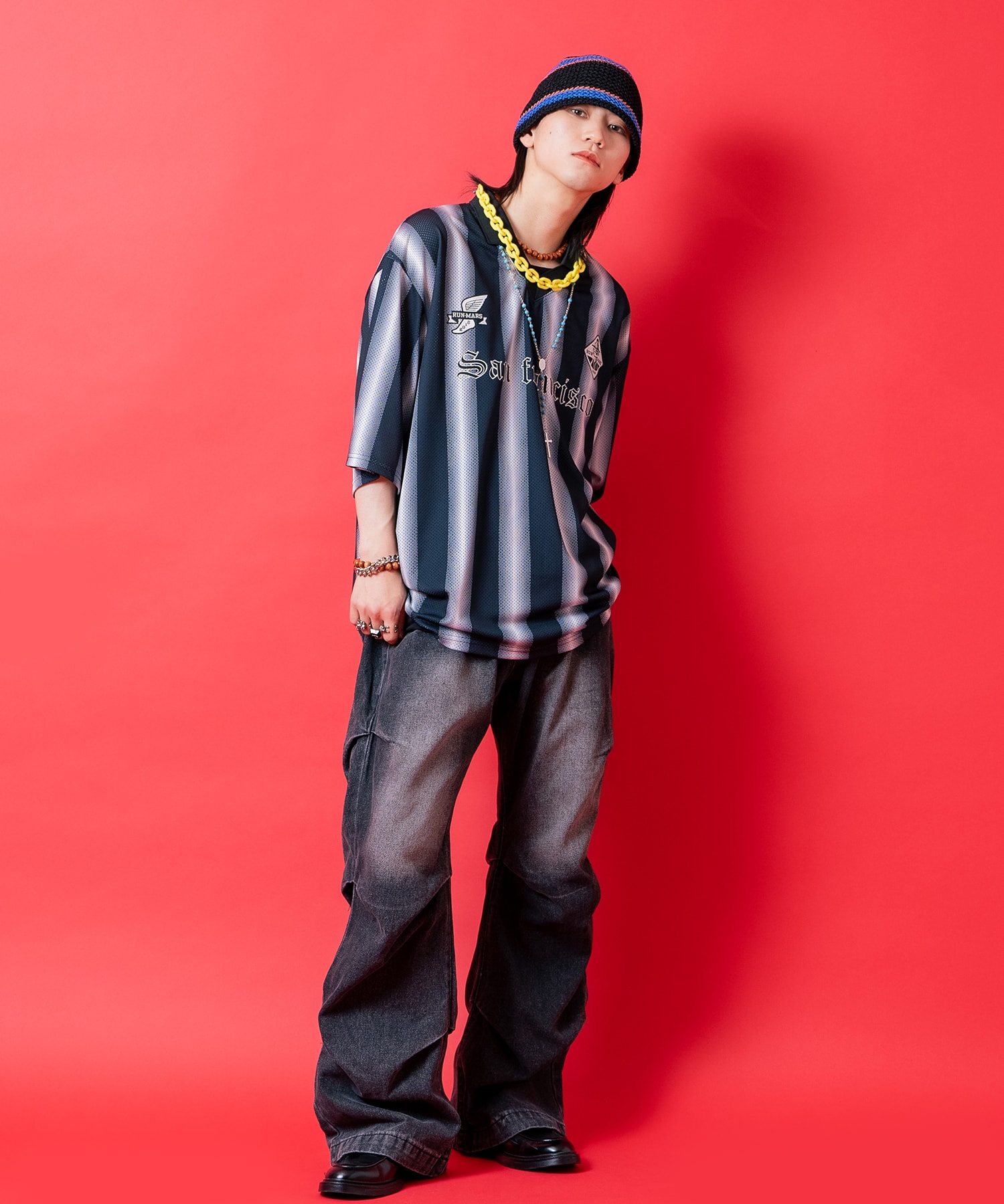 ストライプオーバーサイズメッシュ襟付きサッカーシャツ / 半袖 メンズ