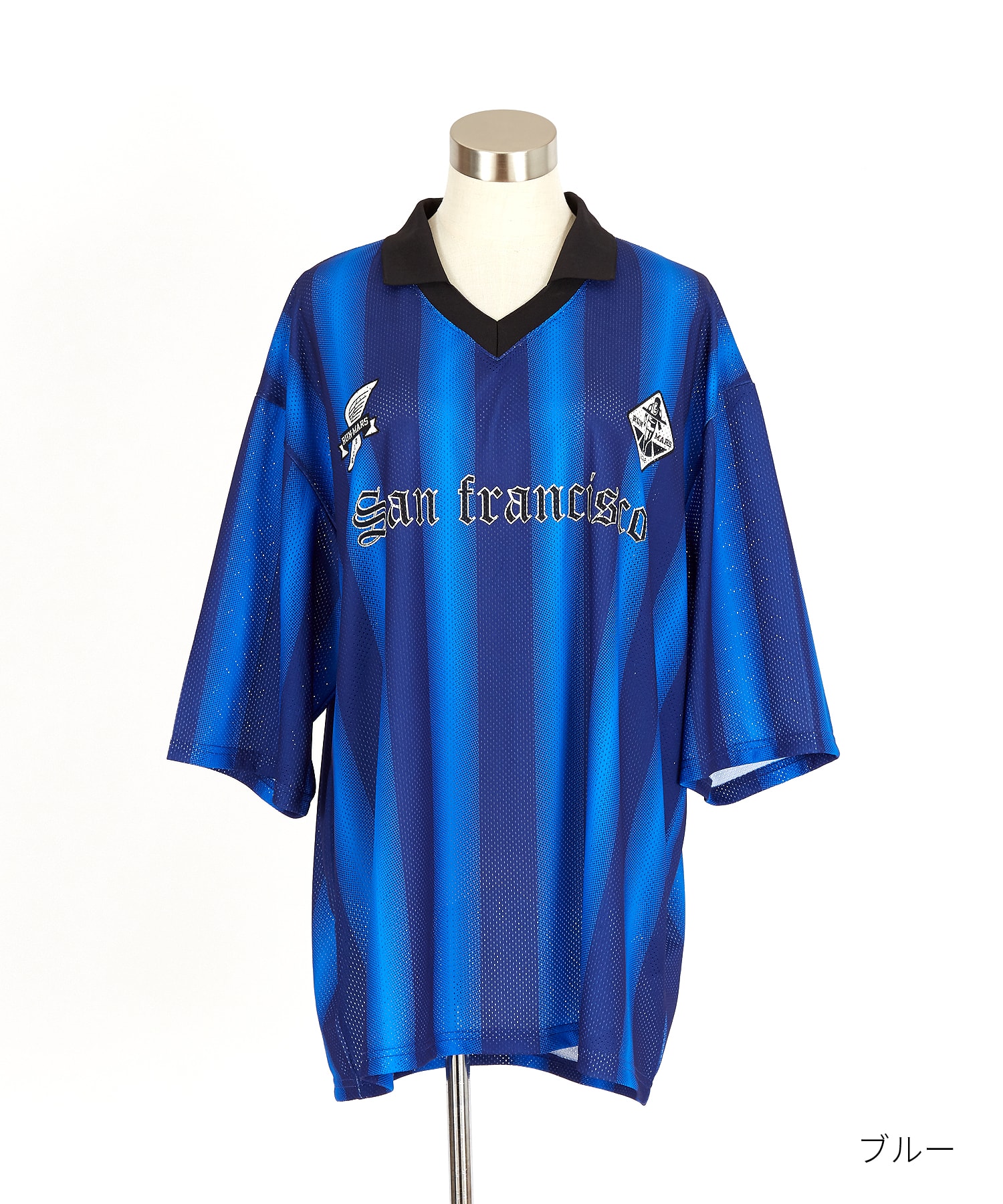 ストライプオーバーサイズメッシュ襟付きサッカーシャツ / 半袖 メンズ