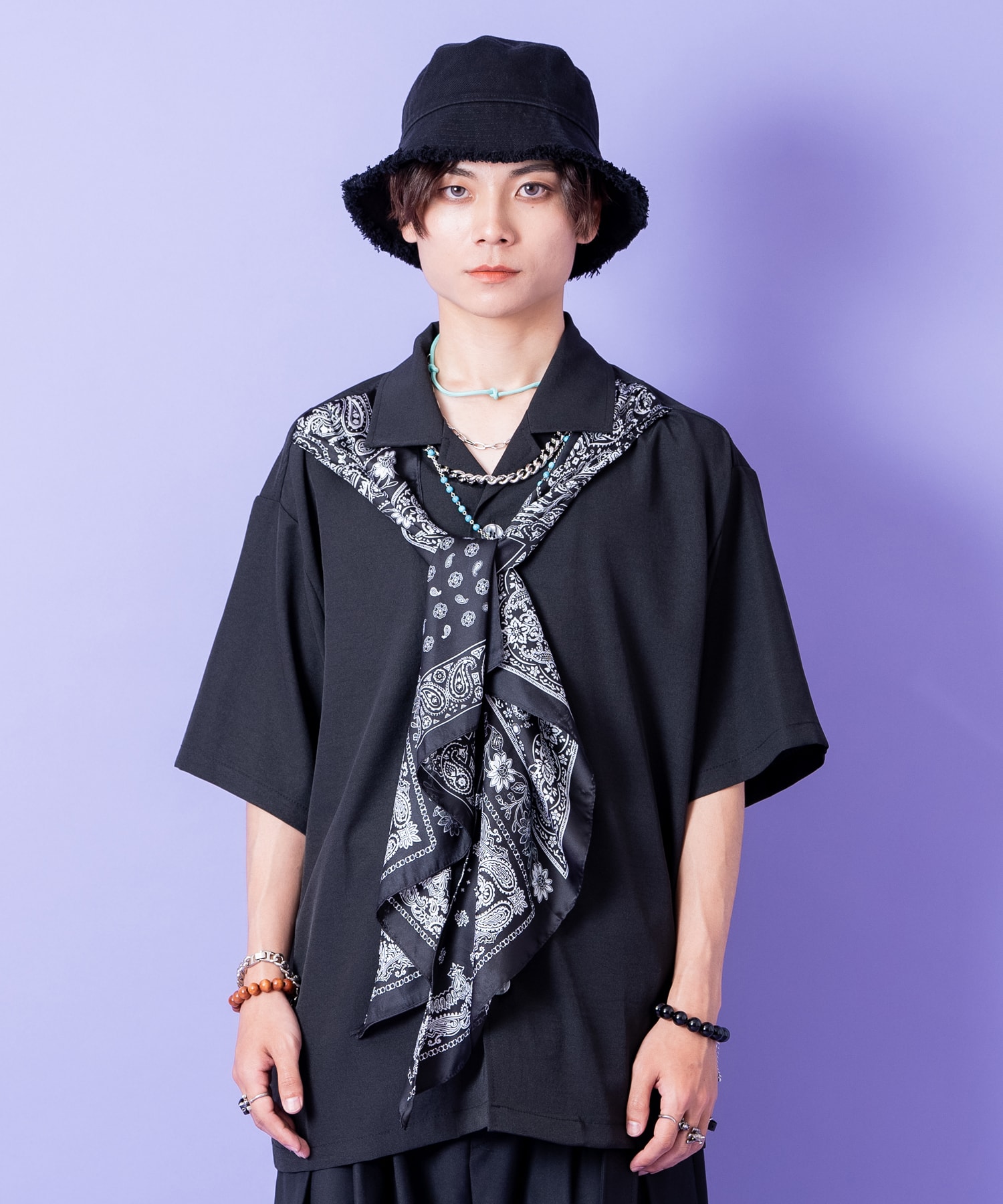 レトロ柄スカーフドッキングオーバーサイズオープンカラーシャツ
