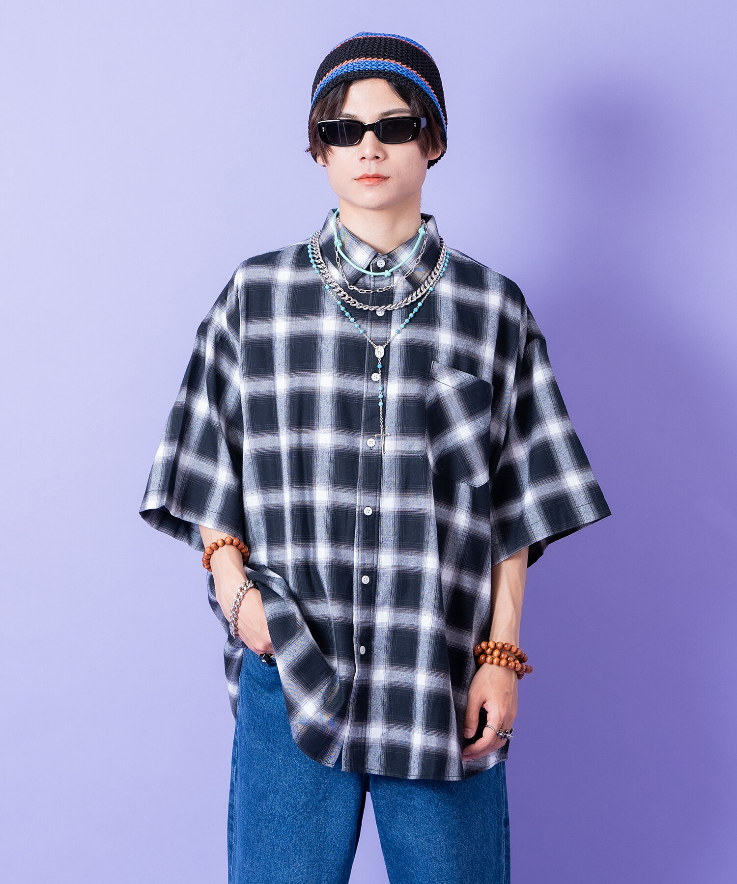 NEON SIGN ロゴ オーバーシルエット チェック 柄 シャツ NEON SIGN シャツ EX.BLANKY TRIANGLE SHIRT メンズ : ZOZOTOWN