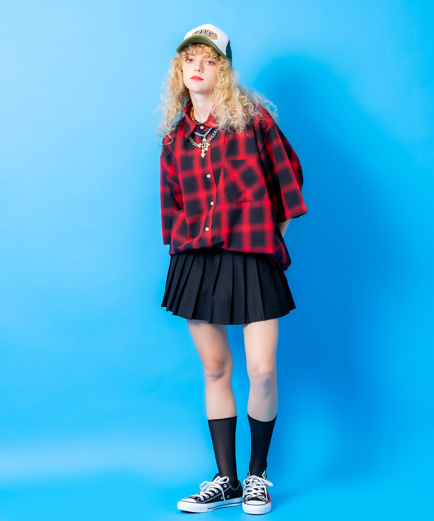 オンブレブロックチェックオーバーサイズシャツ / 半袖 メンズ