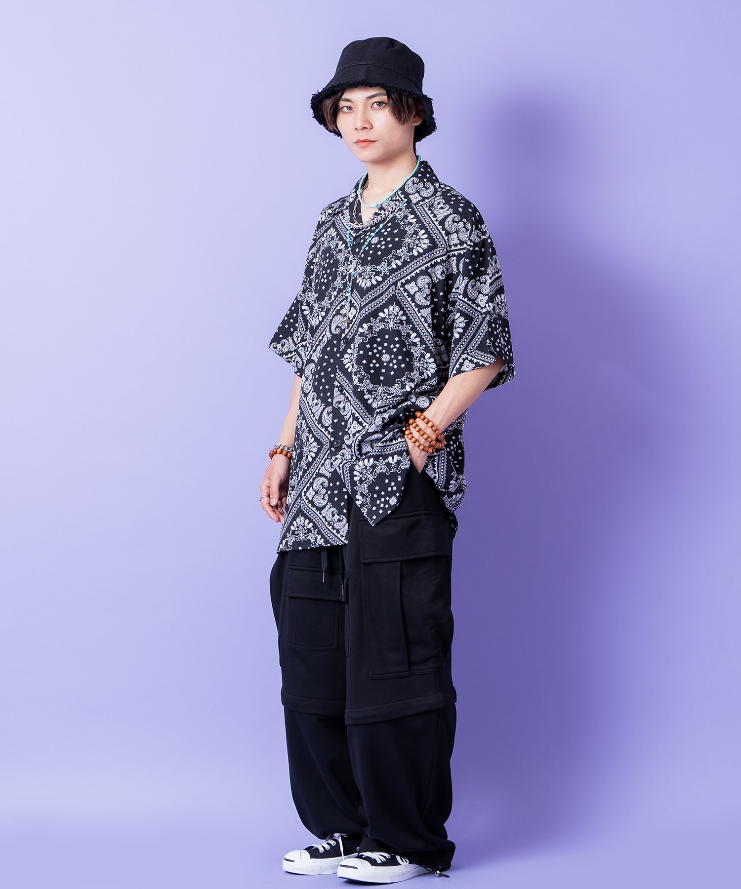 ビッグペイズリーオーバーサイズオープンカラーシャツ / 半袖 バンダナ