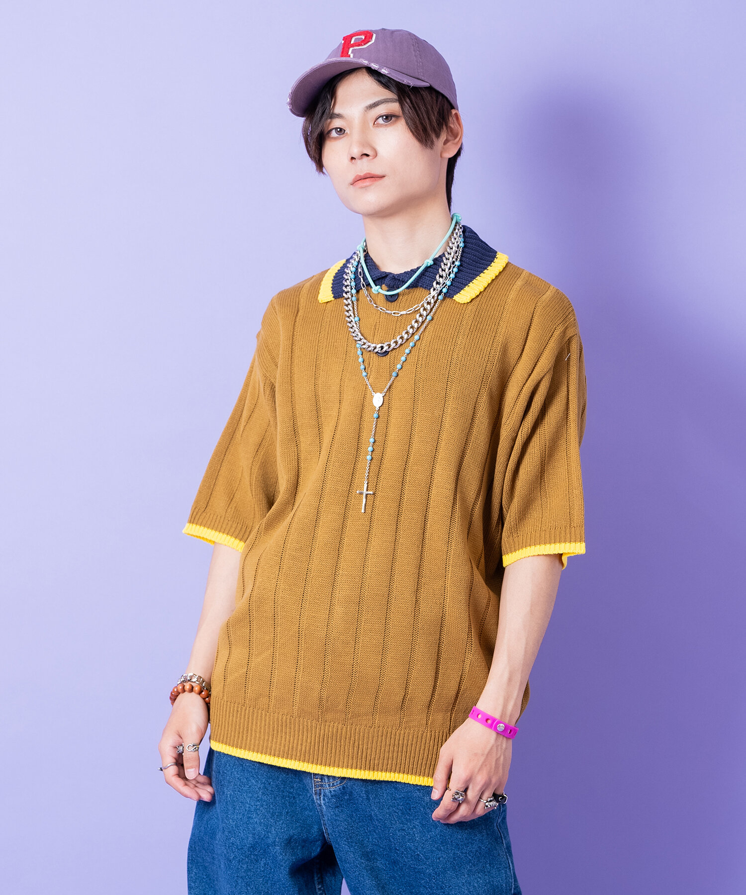 リブ切り替えカラーライン襟ニットポロシャツ / メンズ レディース