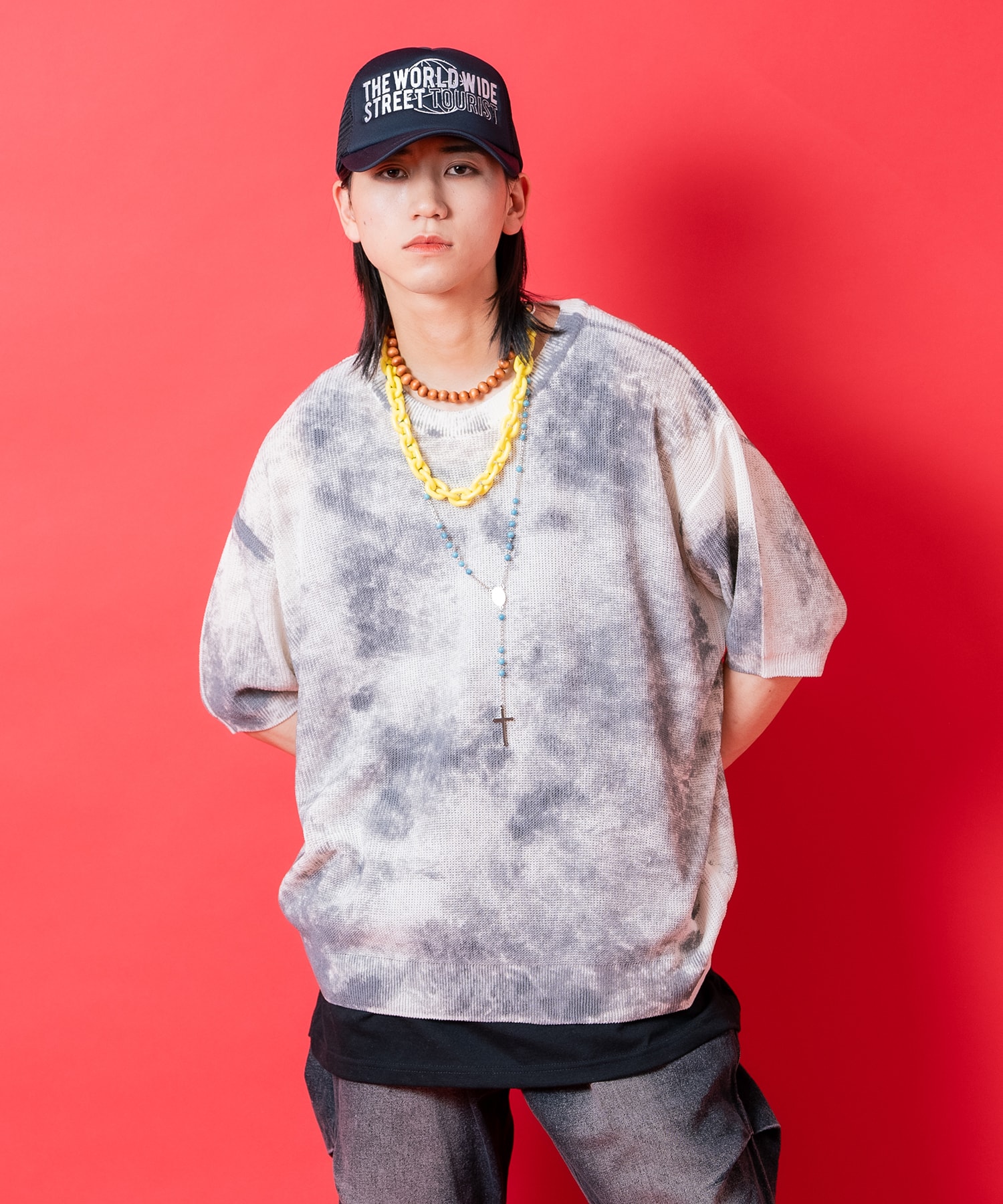 naptime Tシャツ マスタード スプレープリント ダートスプレープリントオーバーサイズニットTシャツ / 半袖