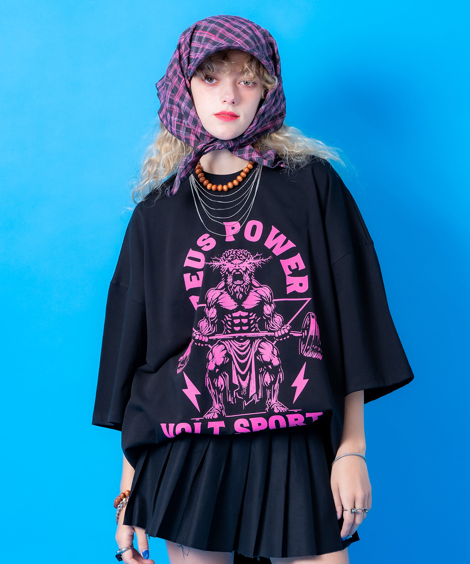 ANKOIページ チェック柄ボリュームネックラインジャージ -オーバーサイズ