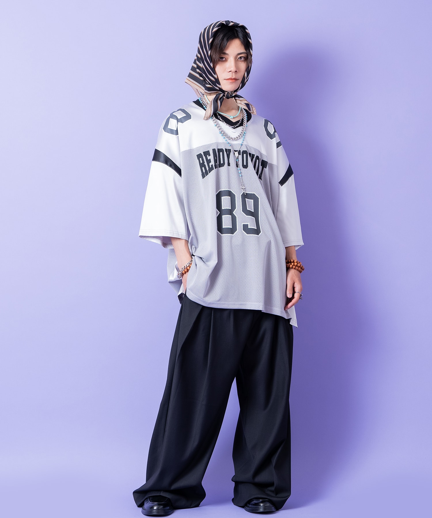 サテン×メッシュ×リブ切替ナンバリングオーバーサイズフットボール