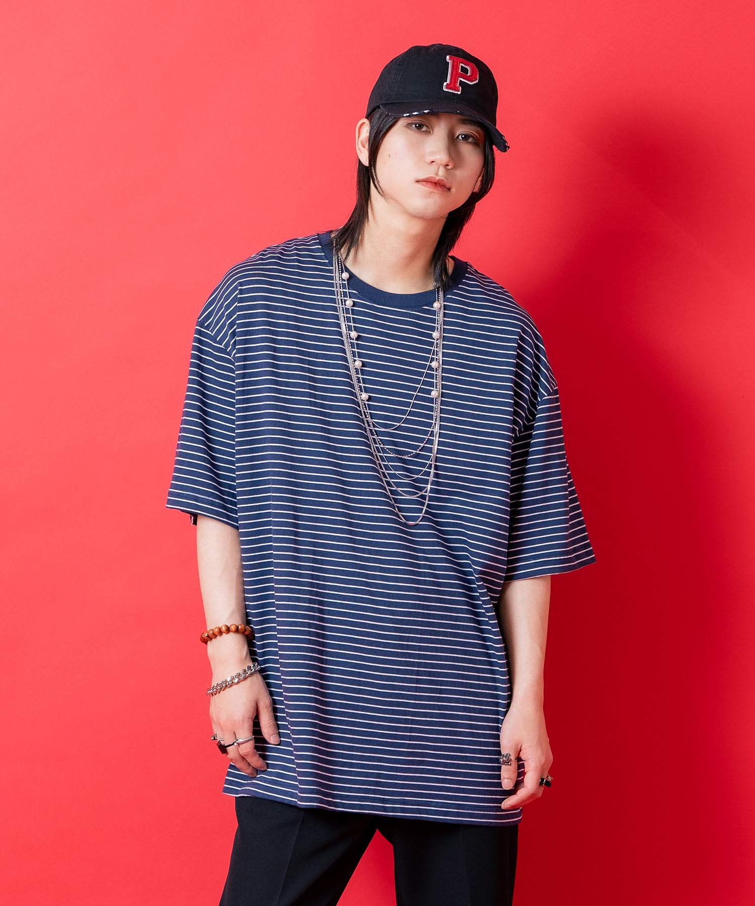 ピンボーダーコットンオーバーサイズTシャツ / 半袖 カットソー メンズ