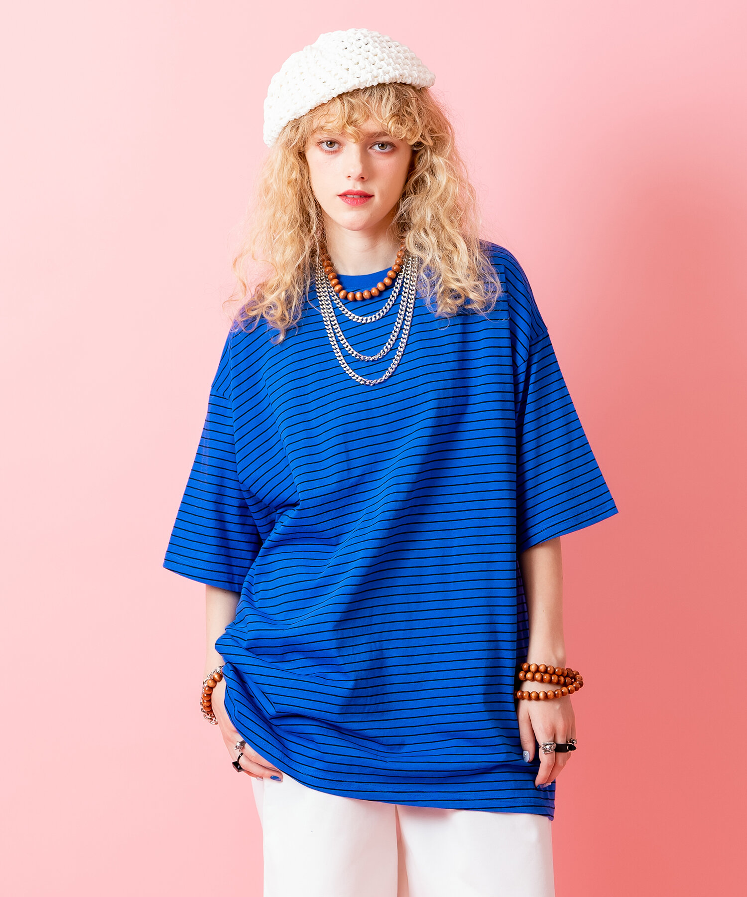 *p(R)ojectR®バレンタインコレクション 半袖Tシャツ Lサイズ ピンボーダーコットンオーバーサイズTシャツ / 半袖 カットソー