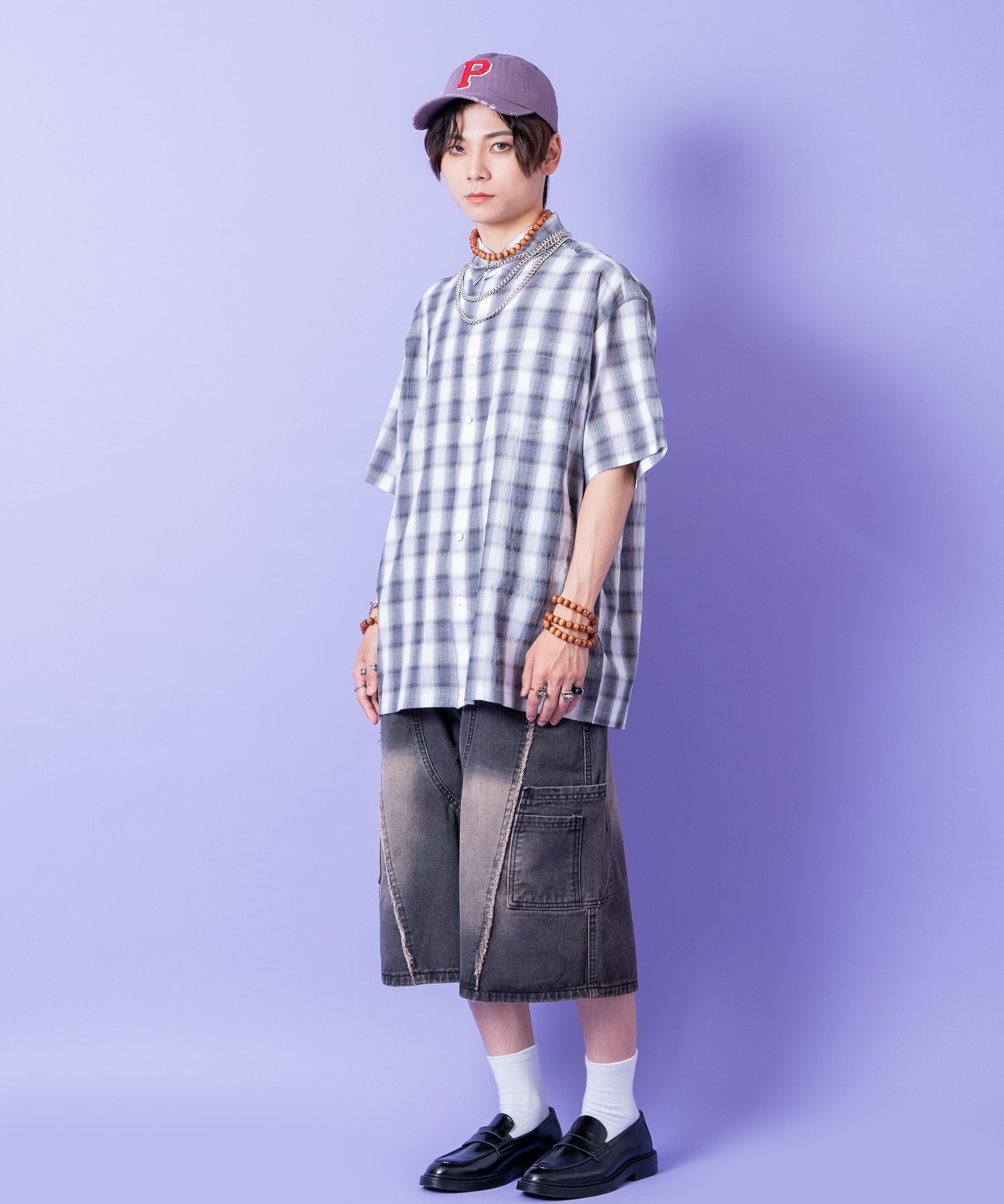 オンブレチェックシャツ / 半袖 メンズ レディース ユニセックス 柄 