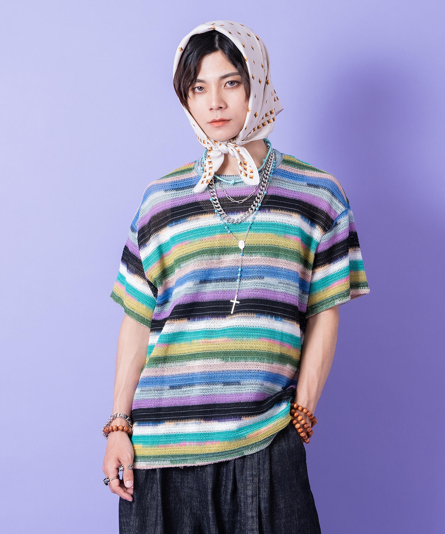 【期間限定 5％OFF】 a.p.o.v. -ankoROCK's select- レトロマルチボーダーメッシュ編みニットTシャツ