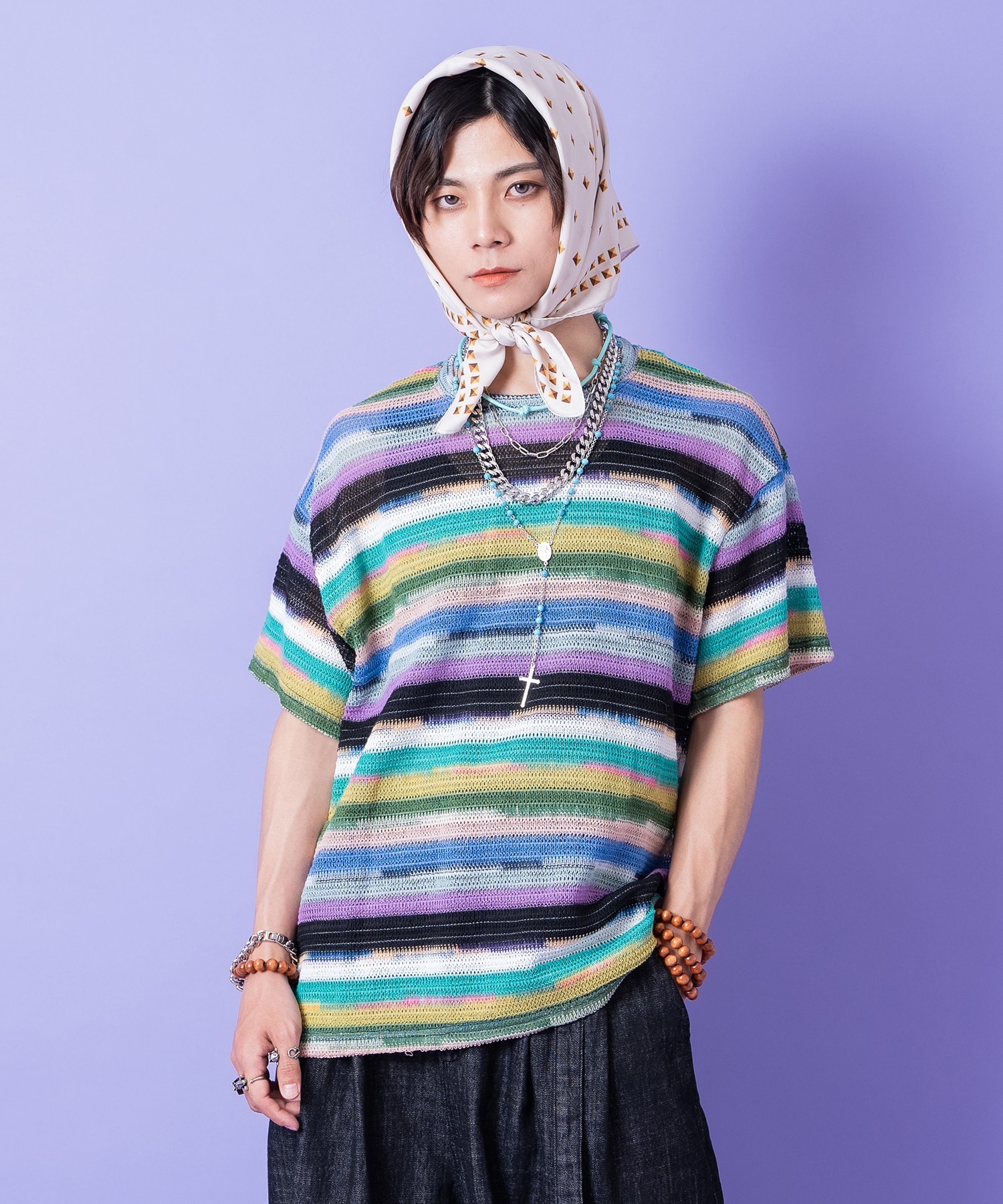 a.p.o.v.  レトロマルチボーダーメッシュ編みニットTシャツ