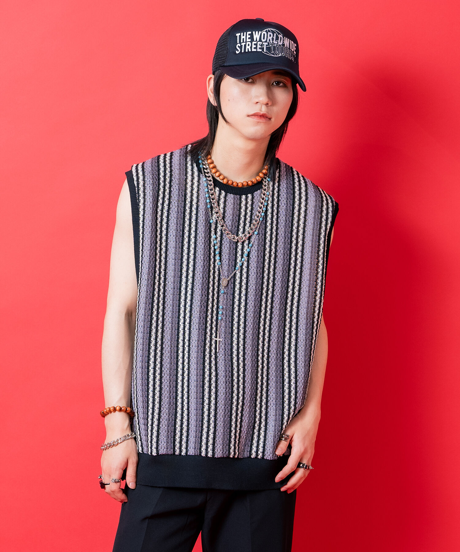 【期間限定 5％OFF】 a.p.o.v. -ankoROCK's select- レトロストライプメッシュ編みサマーニットベスト