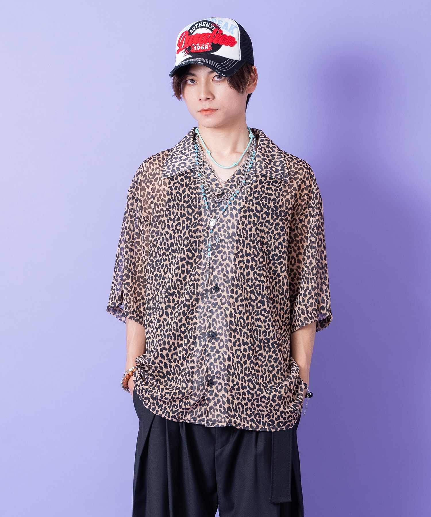 美品✨iCB Brushed Dots シフォンブラウス モノトーンレオパード4 レオパードポリシフォンオーバーサイズ開襟シャツ / 半袖 豹 ヒョウ柄