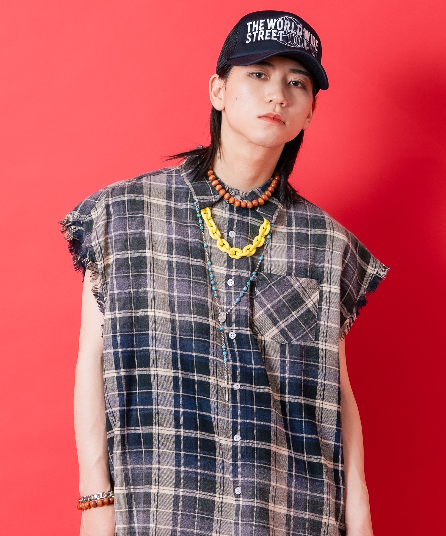 オーバーサイズダメージノースリーブチェックネルシャツ / メンズ