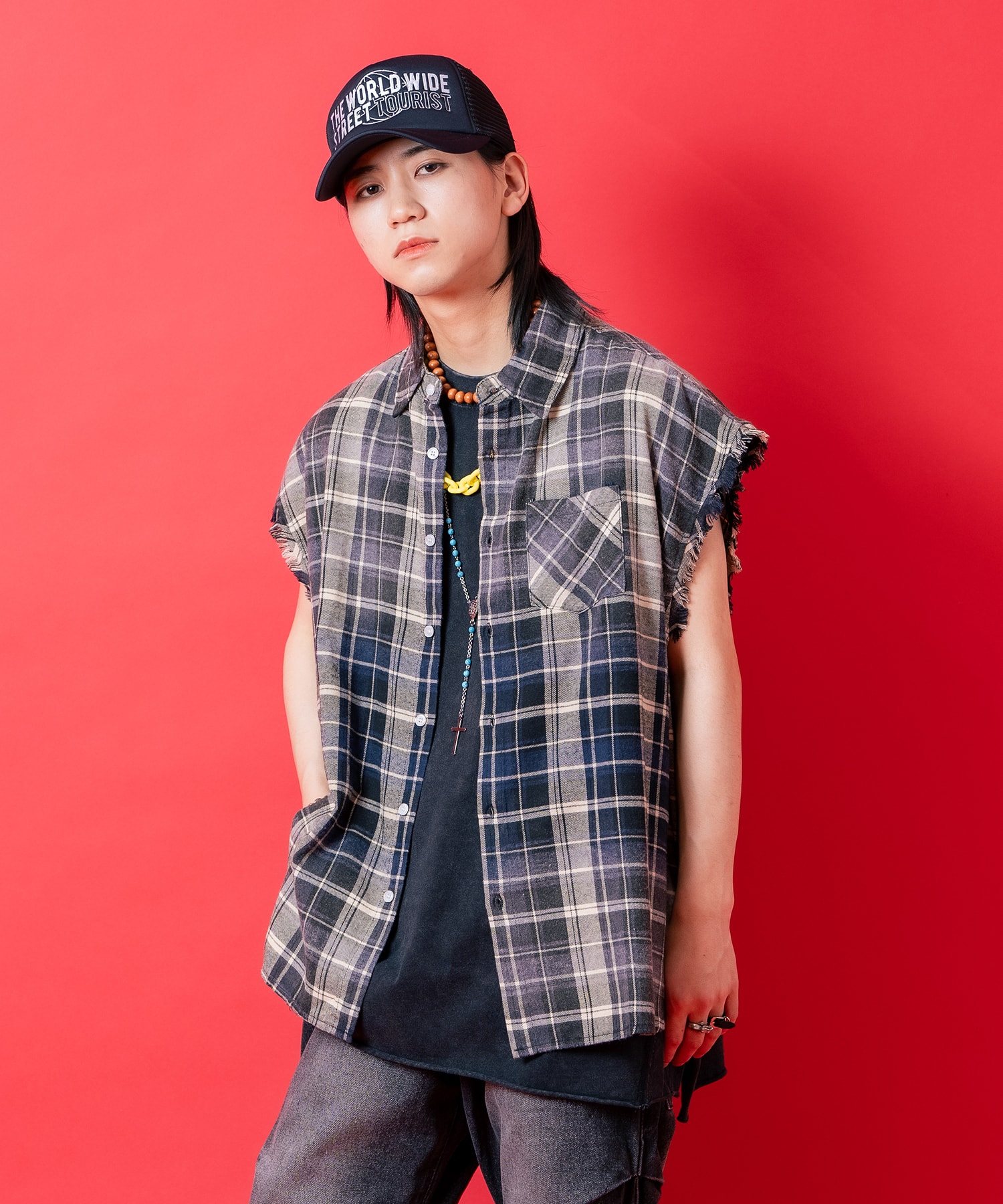 オーバーサイズダメージノースリーブチェックネルシャツ / メンズ