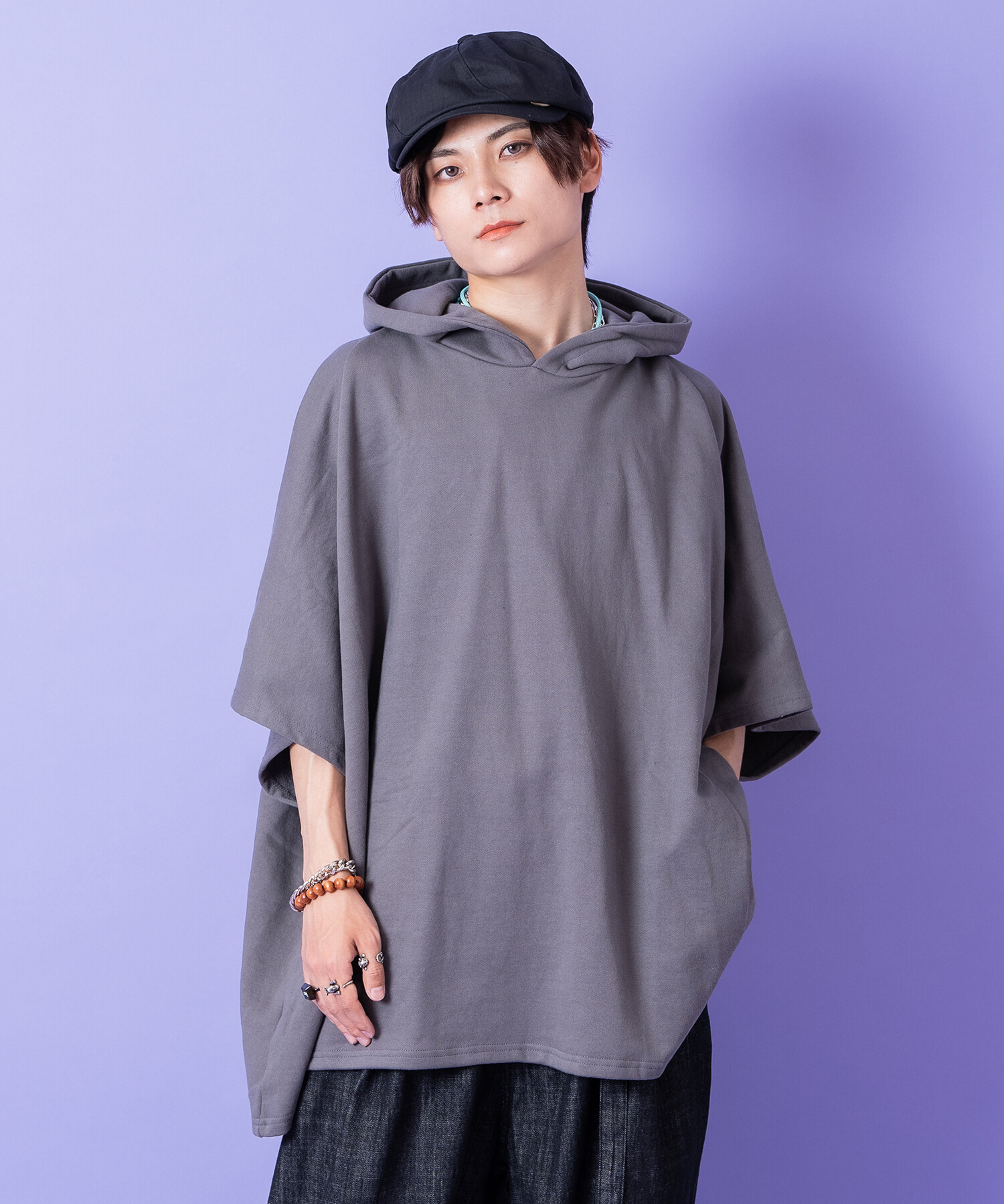 オーバーサイズスウェットポンチョプルオーバーパーカー / 半袖