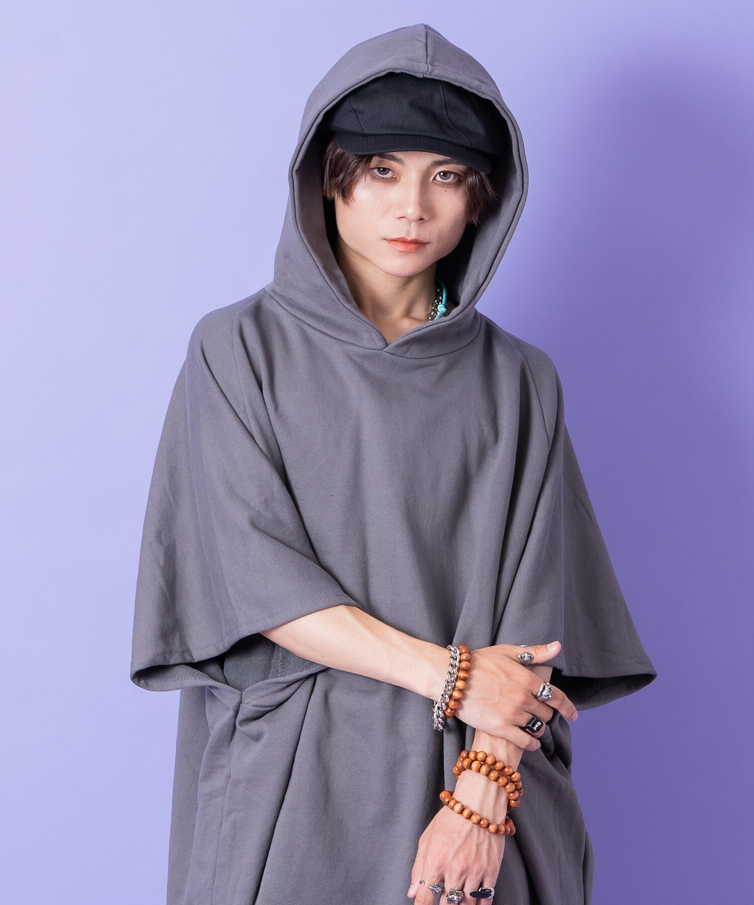 オーバーサイズスウェットポンチョプルオーバーパーカー / 半袖