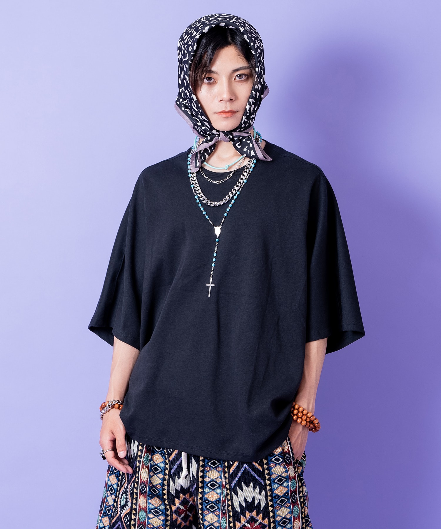 45R 希少柄ドルマン カットソー プルオーバー インディゴ　Tシャツ オーバーサイズスウェットドルマンTシャツ / 半袖 カットソー メンズ