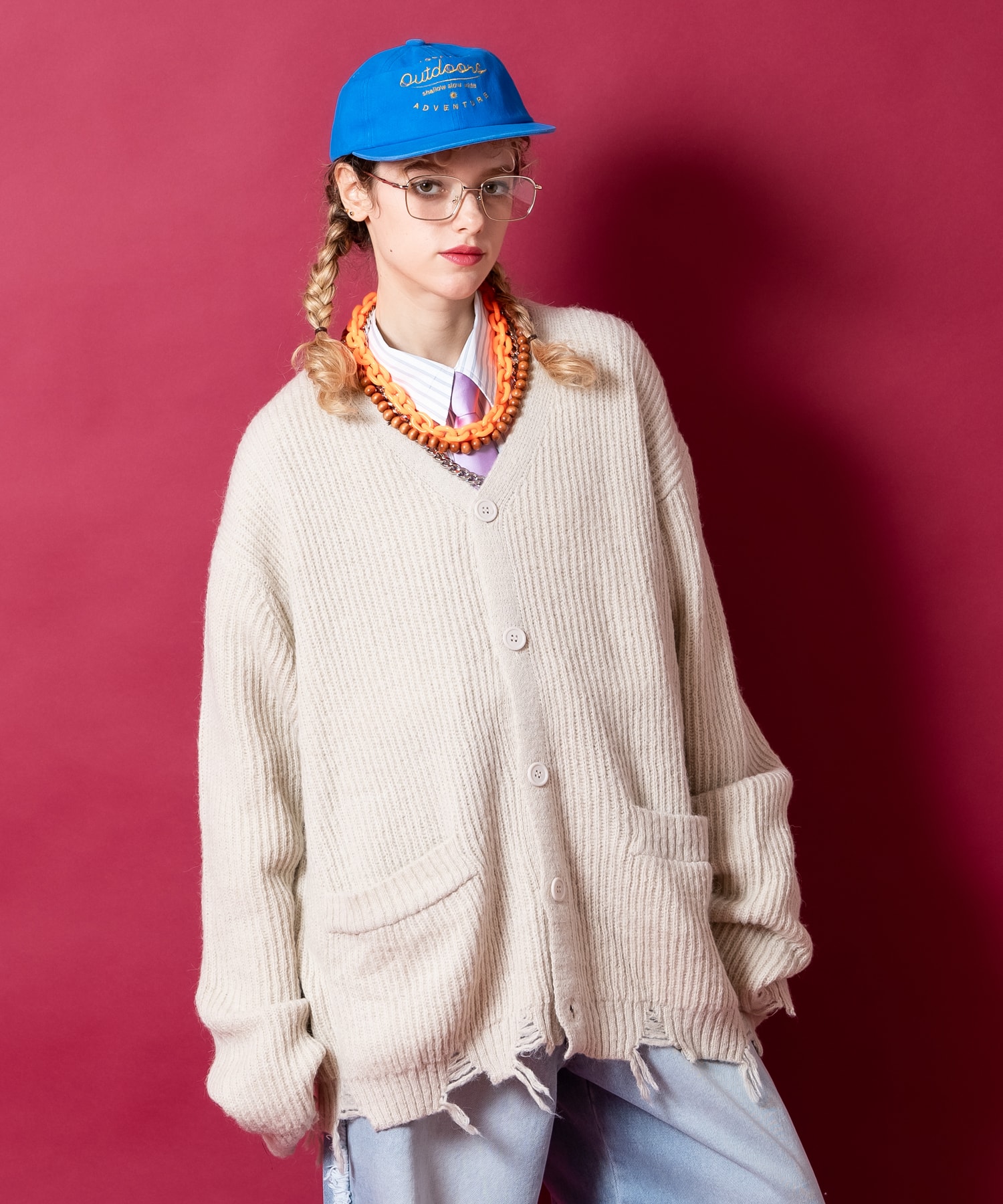 a.p.o.v. グランジダメージオーバーサイズファー混リブ編み肉厚ニットカーディガン