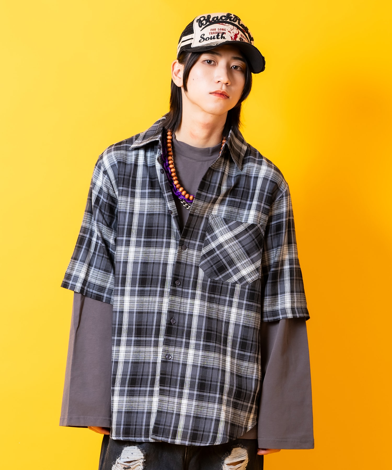 チェック柄シャツレイヤードオーバーサイズカットソー / ユニセックス