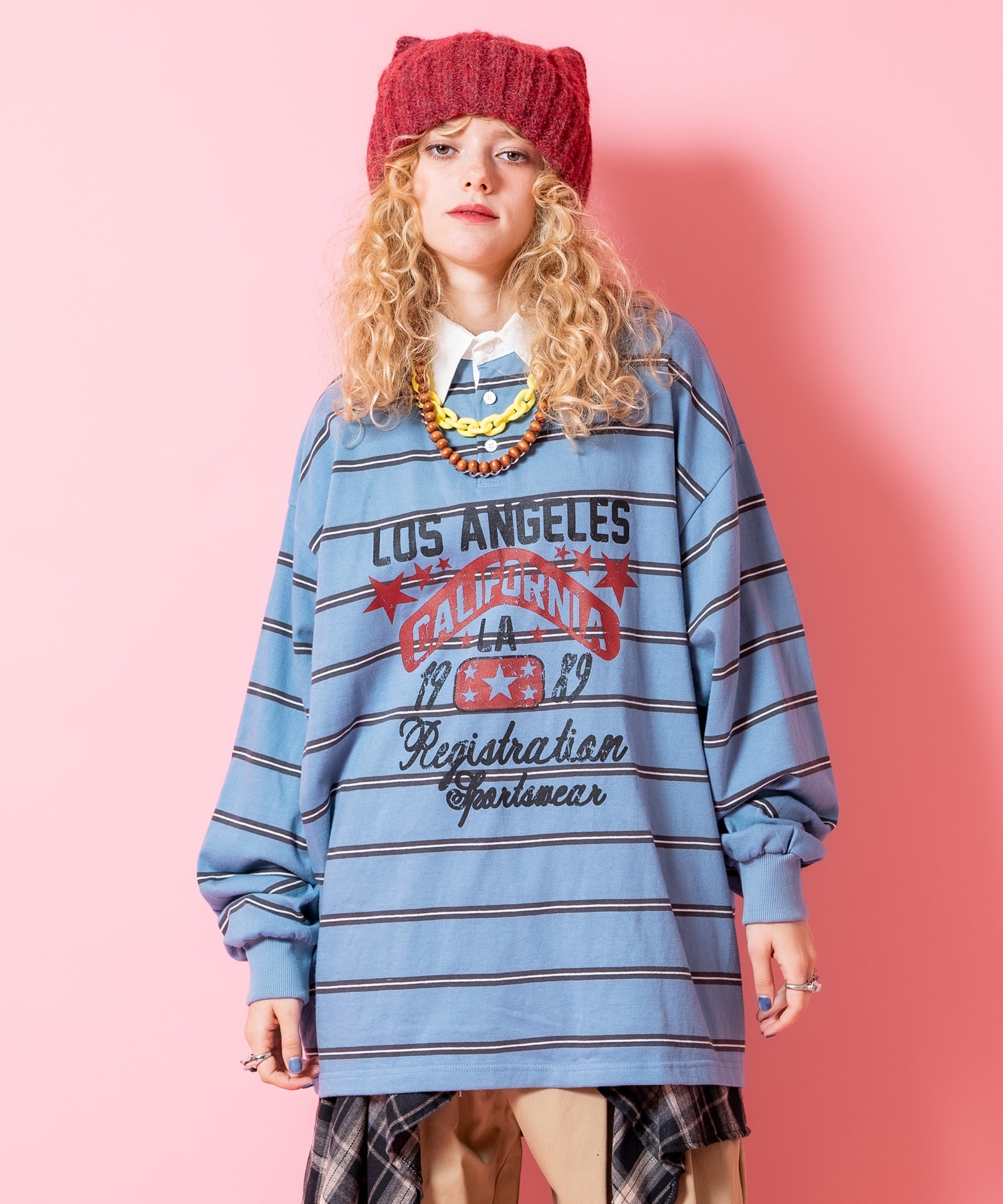 掠れアメカジプリントボーダー柄オーバーサイズラガーシャツ / ユニ