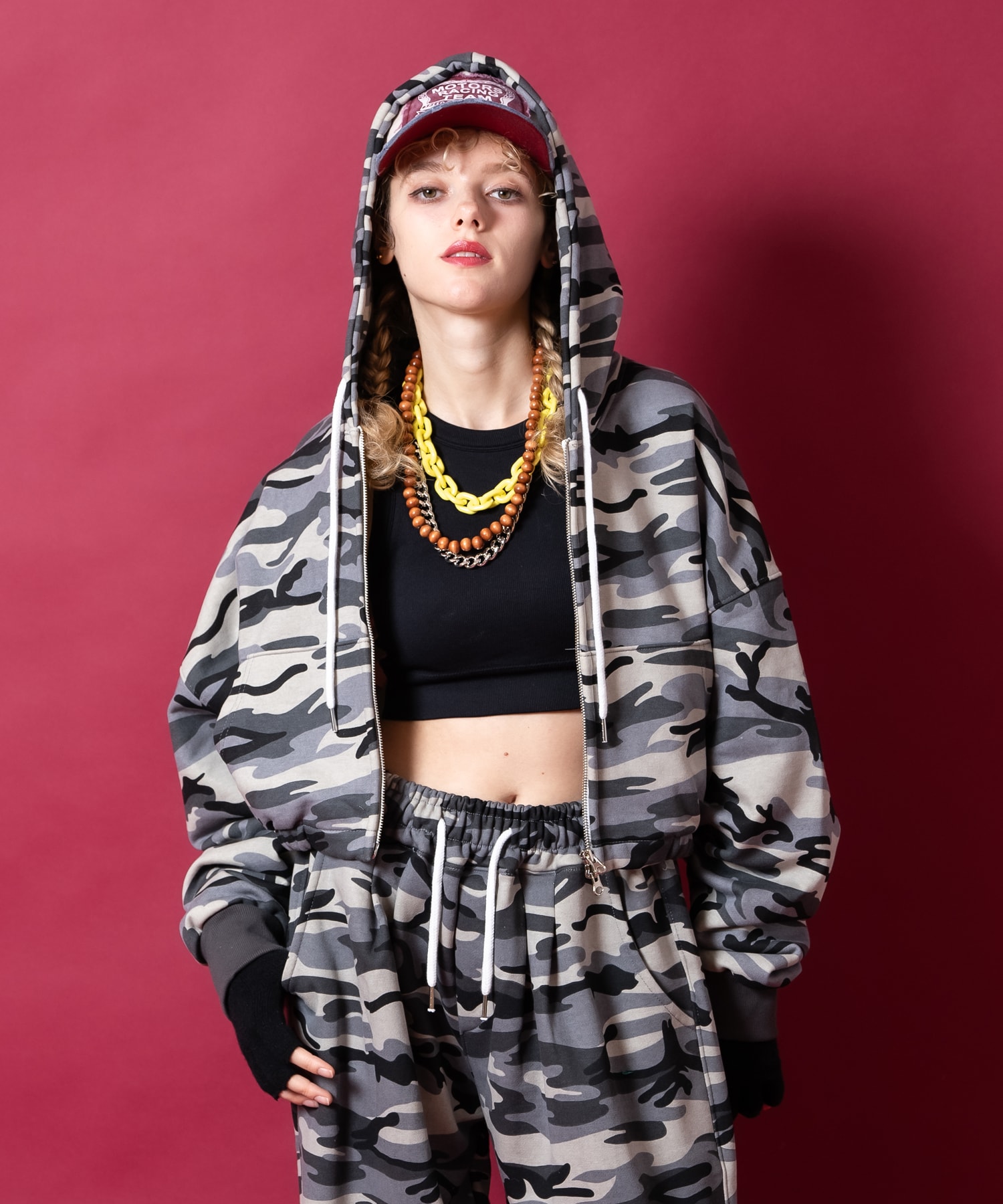 カモフラスウェットオーバーサイズクロップド丈ZIPパーカー / ユニ