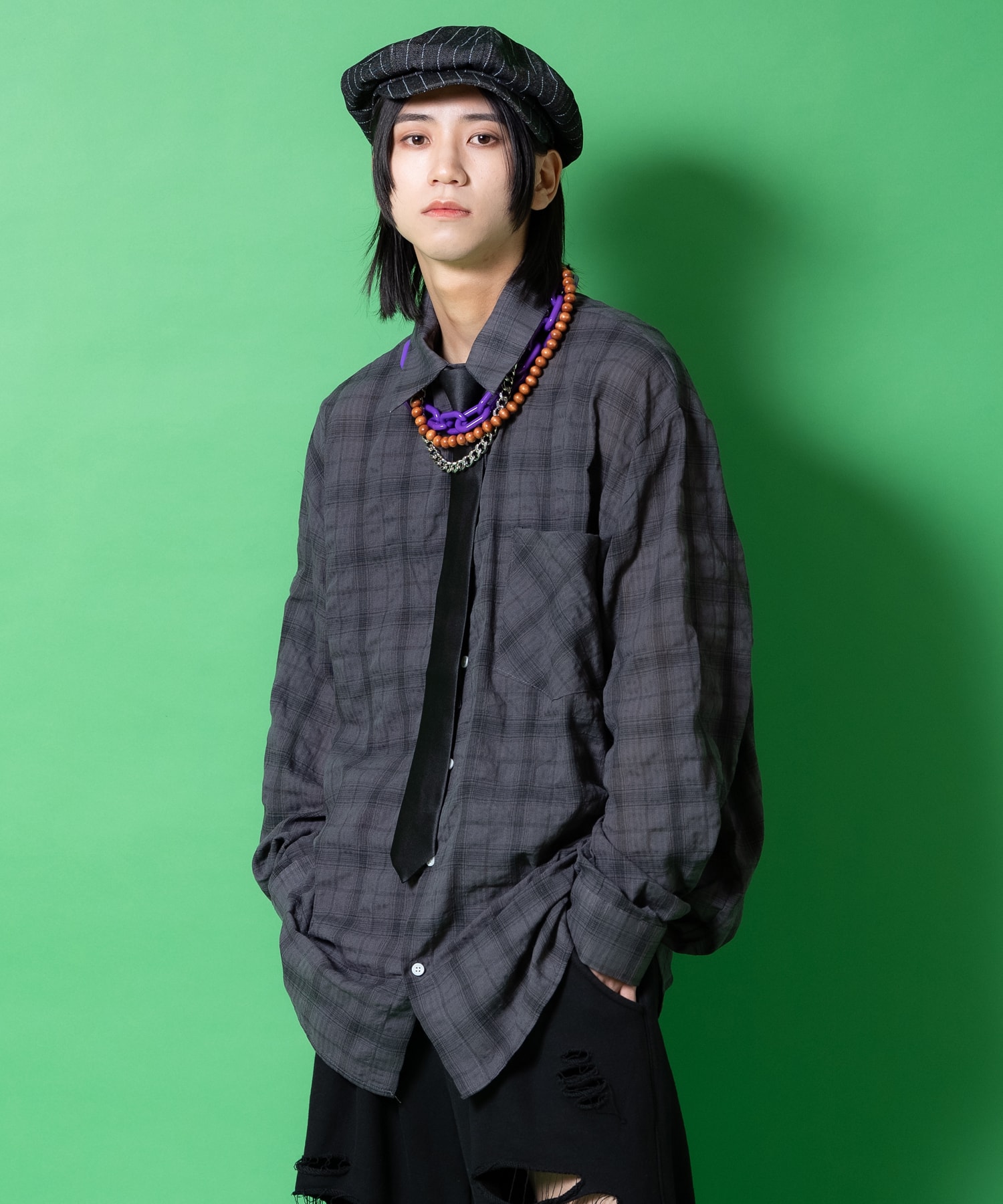 90s EMPORIO ARMANI ガーゼコットン　チェックシャツ ストリートフォントバック刺繍オーバーサイズシワ加工コットンガーゼ