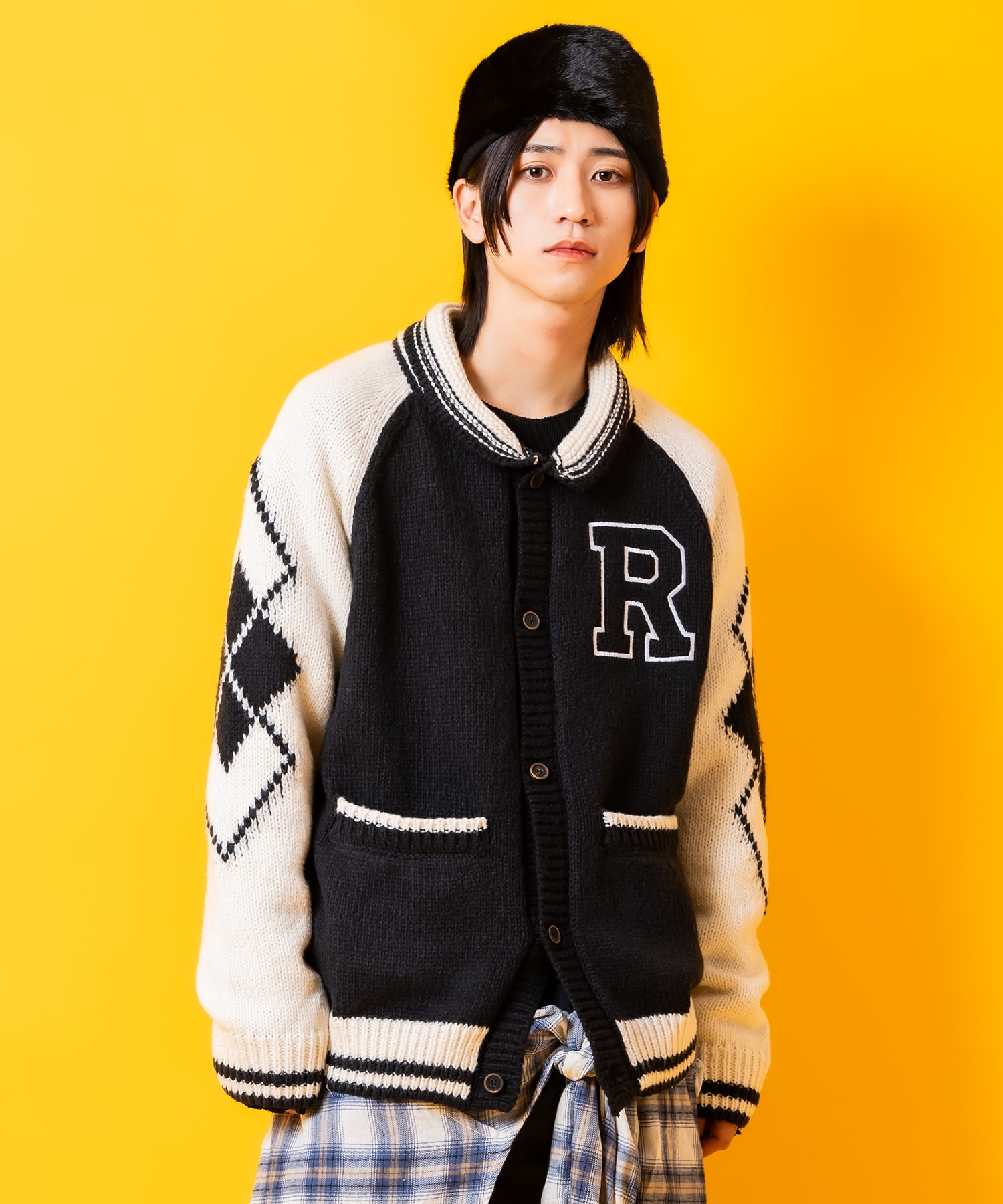 アメカジライクロゴ刺繍＆ナンバリングワッペンショールカラーニット