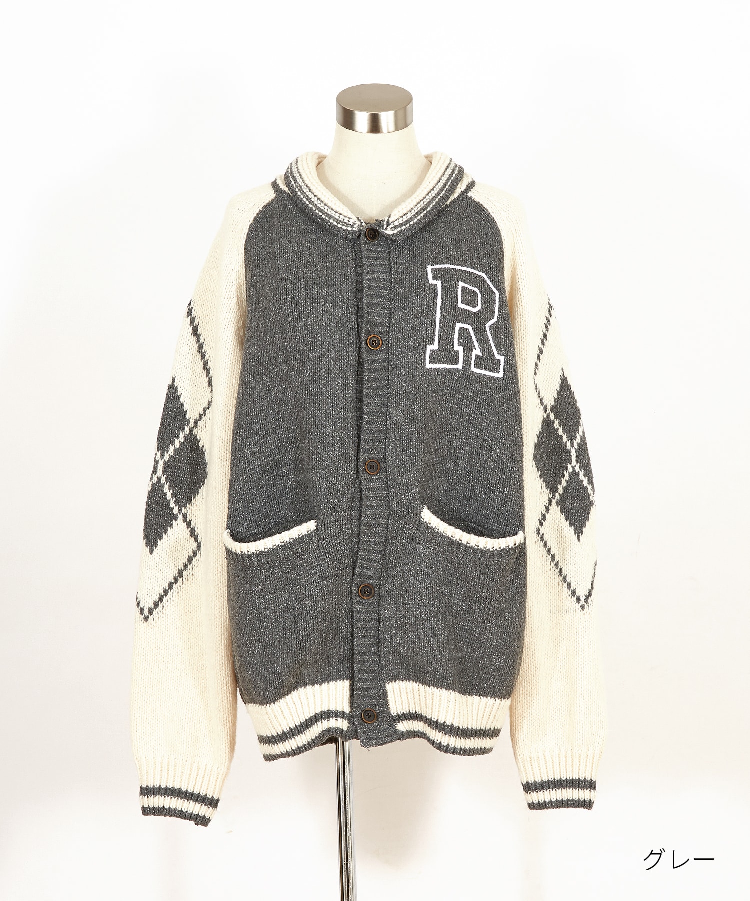 アメカジライクロゴ刺繍＆ナンバリングワッペンショールカラーニット