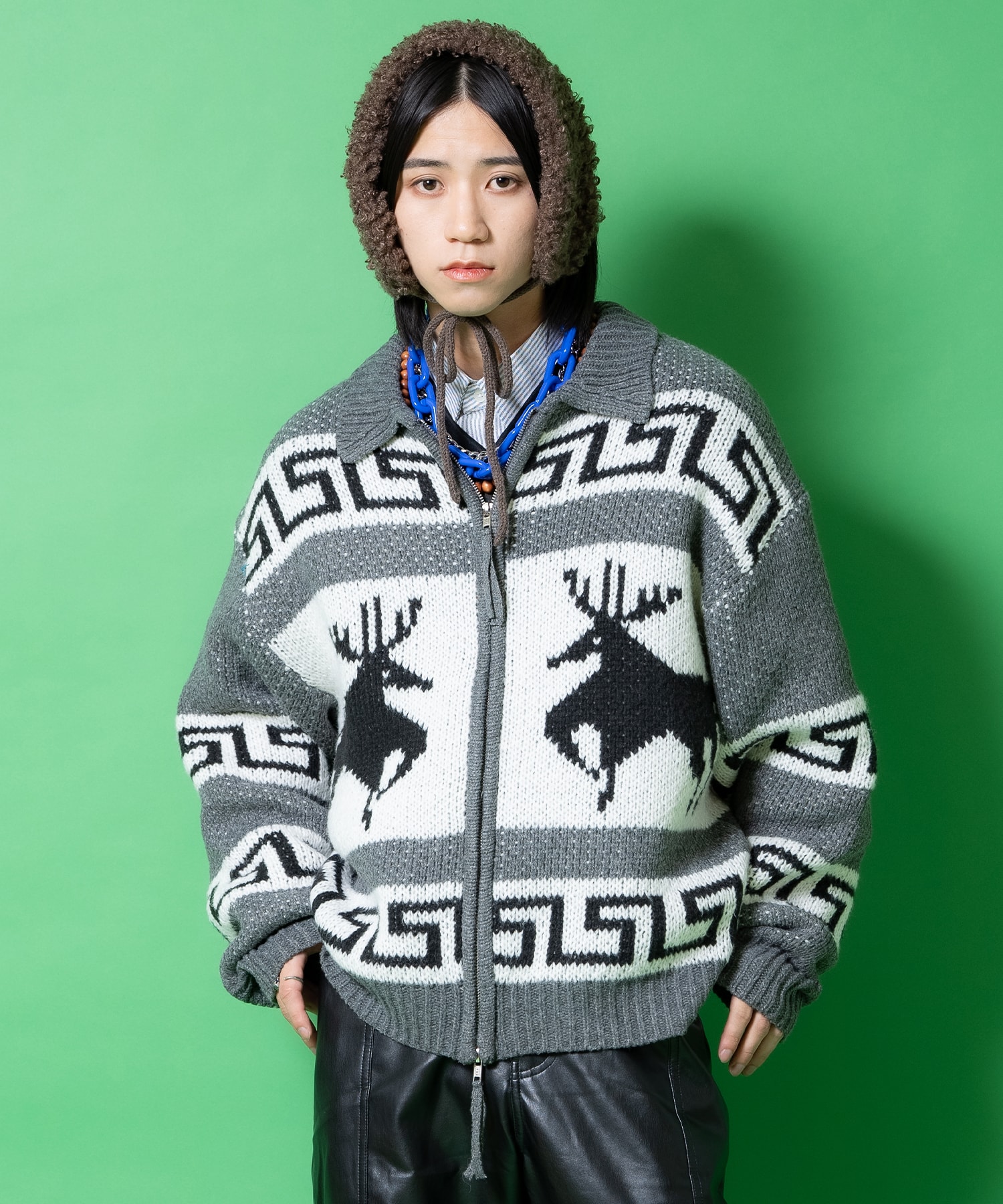 ノルディックトナカイ柄カウチンニットジップアップセーター / ユニ