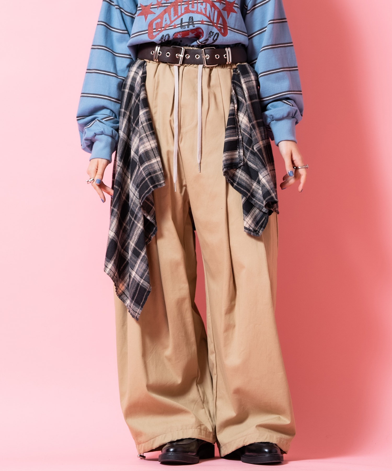 a.p.o.v. 変形チェック柄シャツスカートレイヤー２タックコットンスーパーワイドパンツ