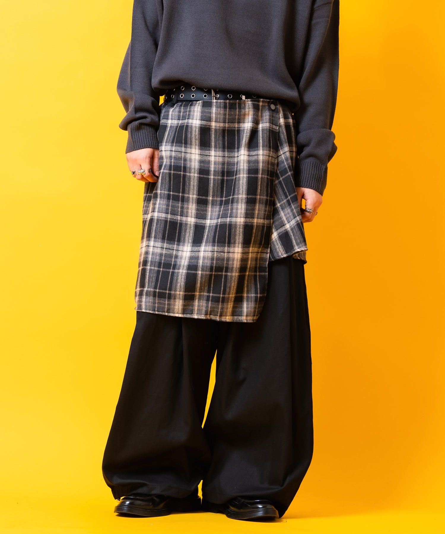 変形チェック柄シャツスカートレイヤー2タックコットンスーパーワイド