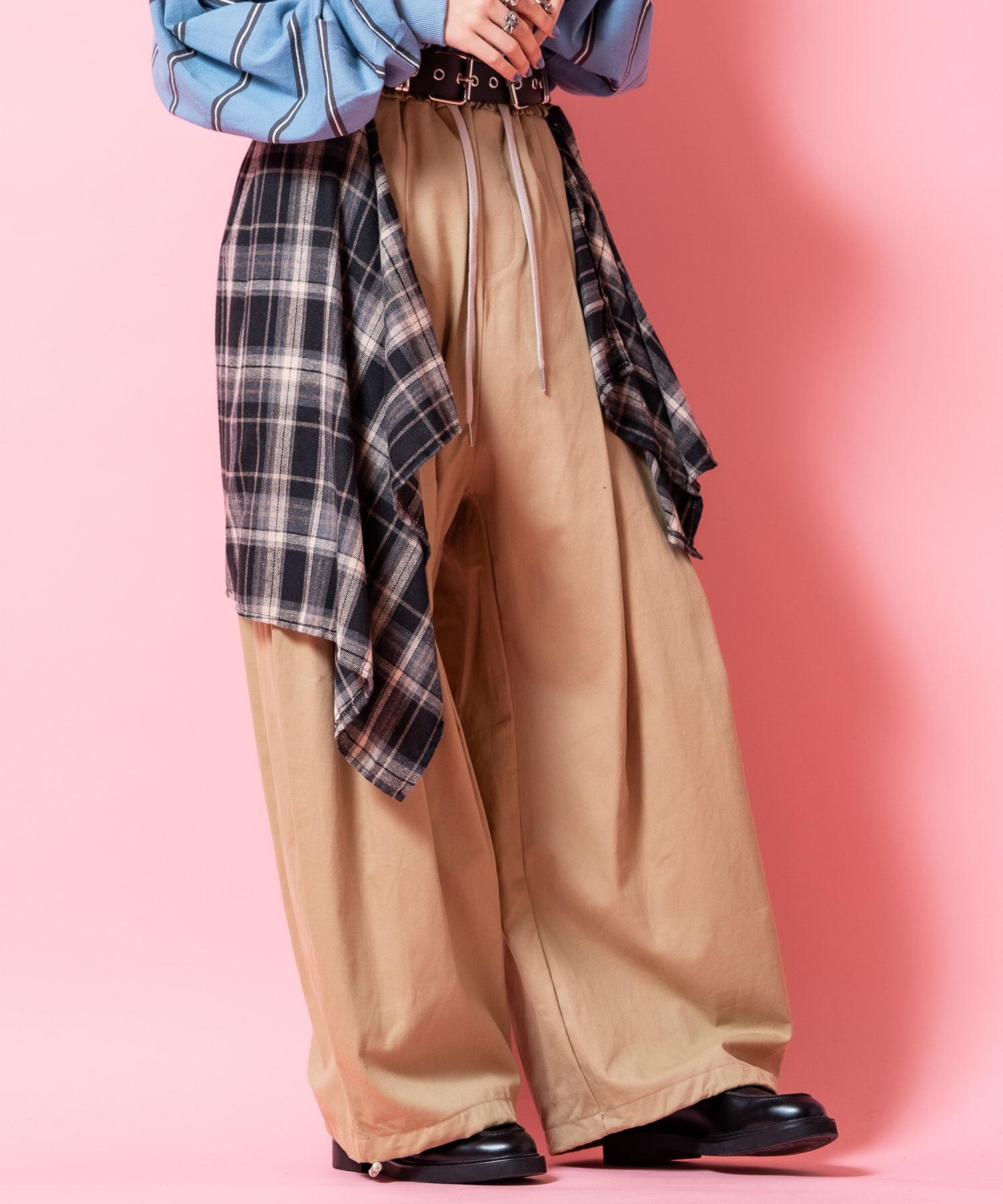 変形チェック柄シャツスカートレイヤー2タックコットンスーパーワイド