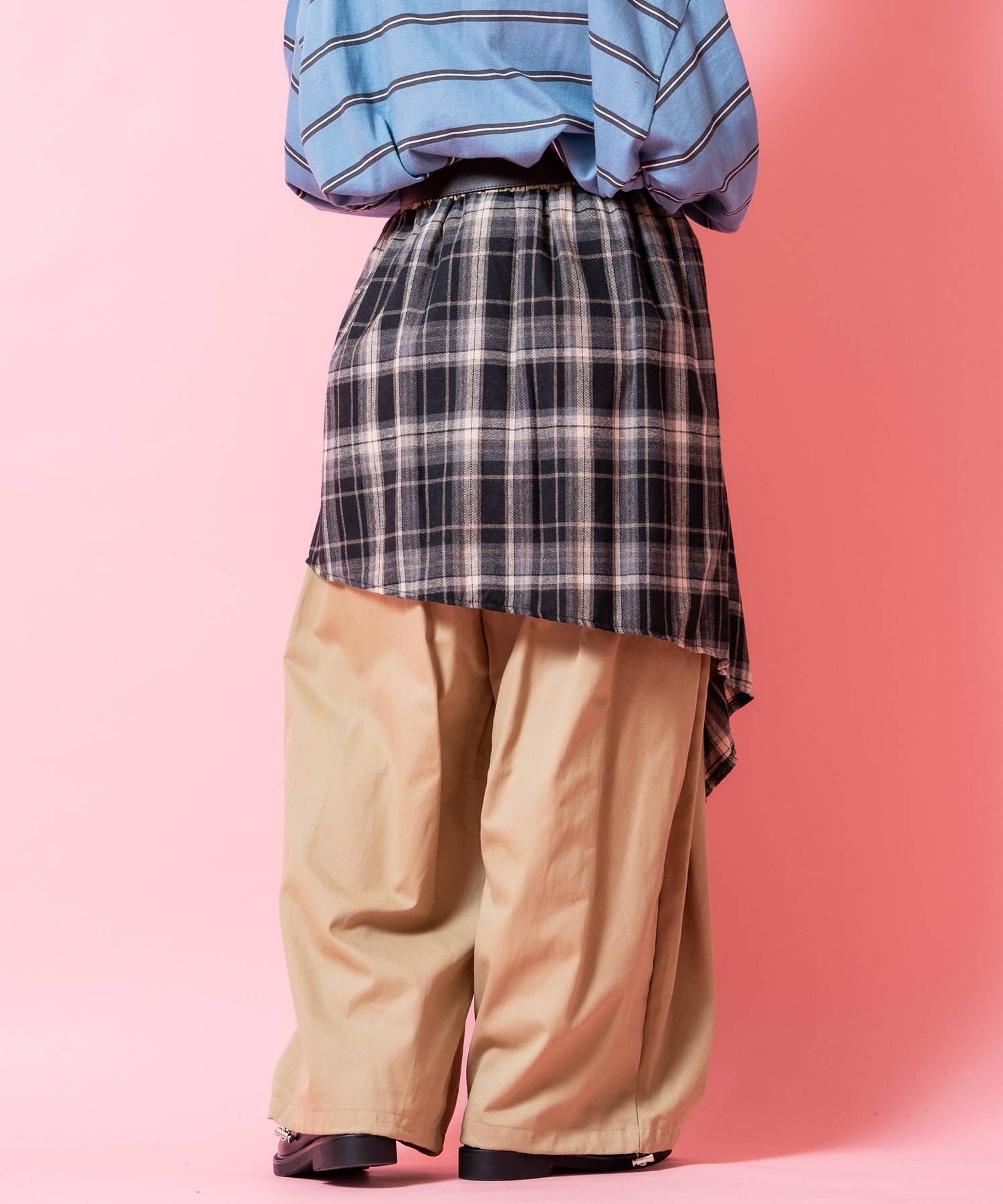 変形チェック柄シャツスカートレイヤー2タックコットンスーパーワイド