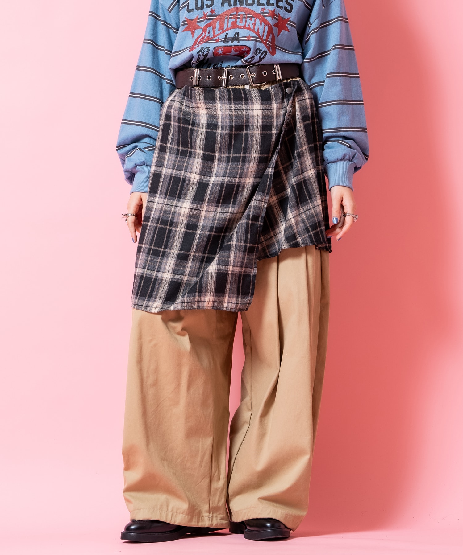 変形チェック柄シャツスカートレイヤー2タックコットンスーパーワイド