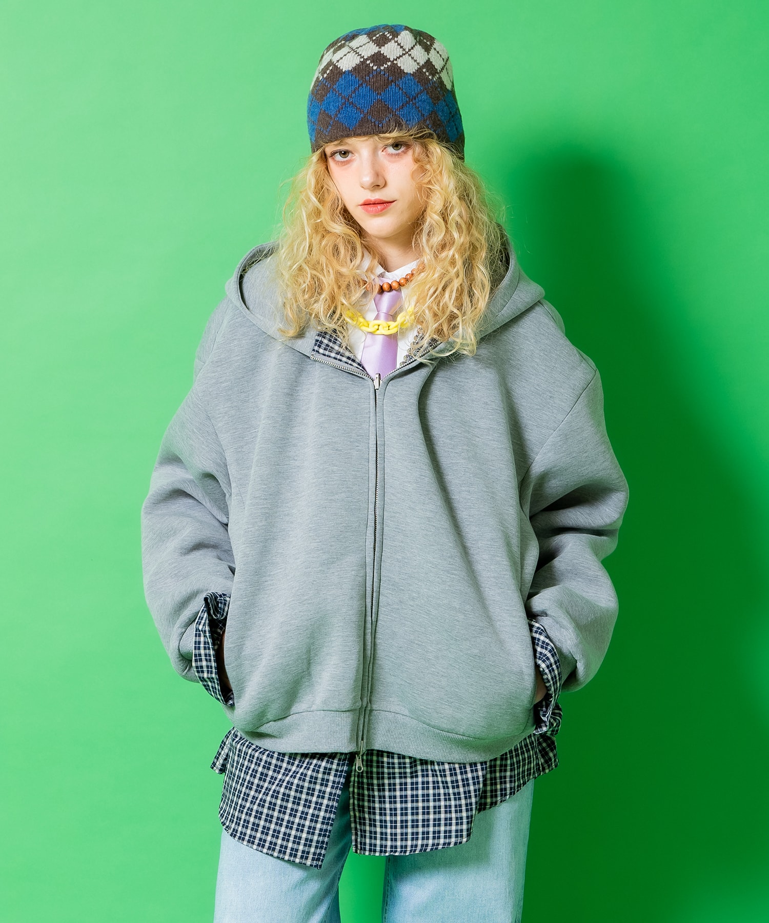 a.p.o.v. リバーシブルチェックシャツジャケット×フェイクレイヤード短丈スウェットジップアップパーカー