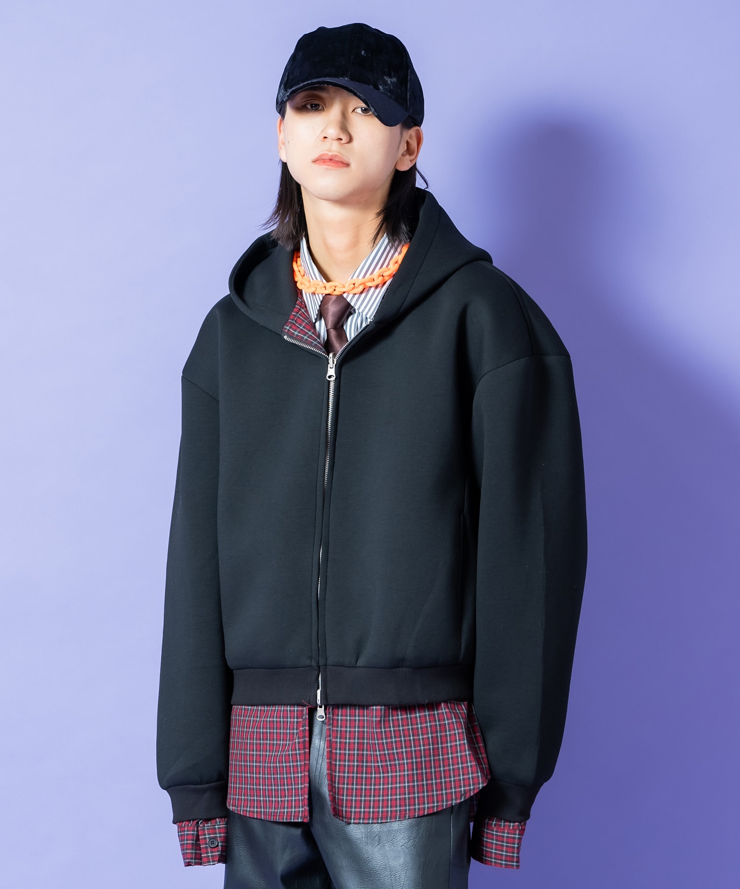 リバーシブルチェックシャツジャケット×フェイクレイヤード短丈