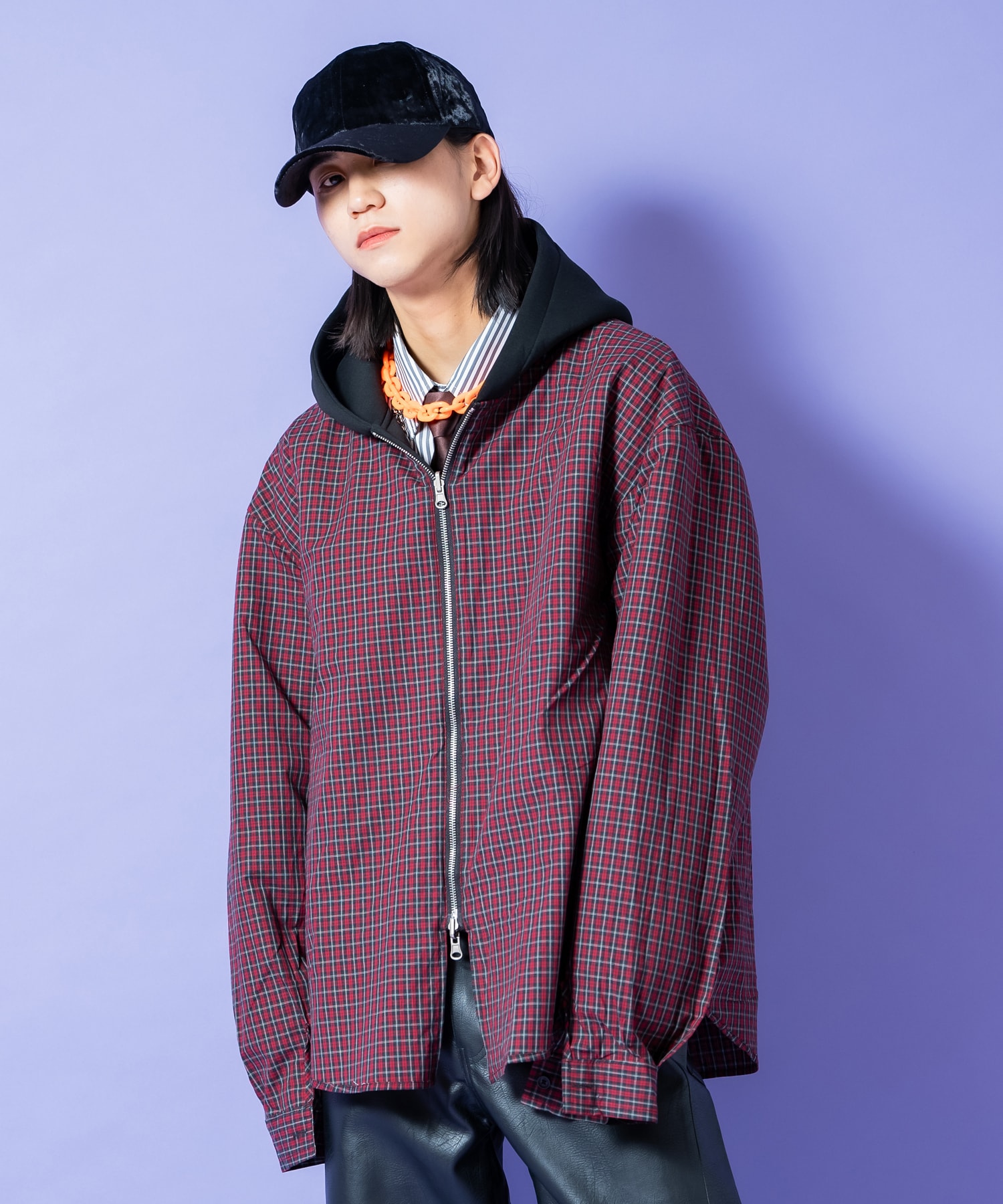 リバーシブルチェックシャツジャケット×フェイクレイヤード短丈