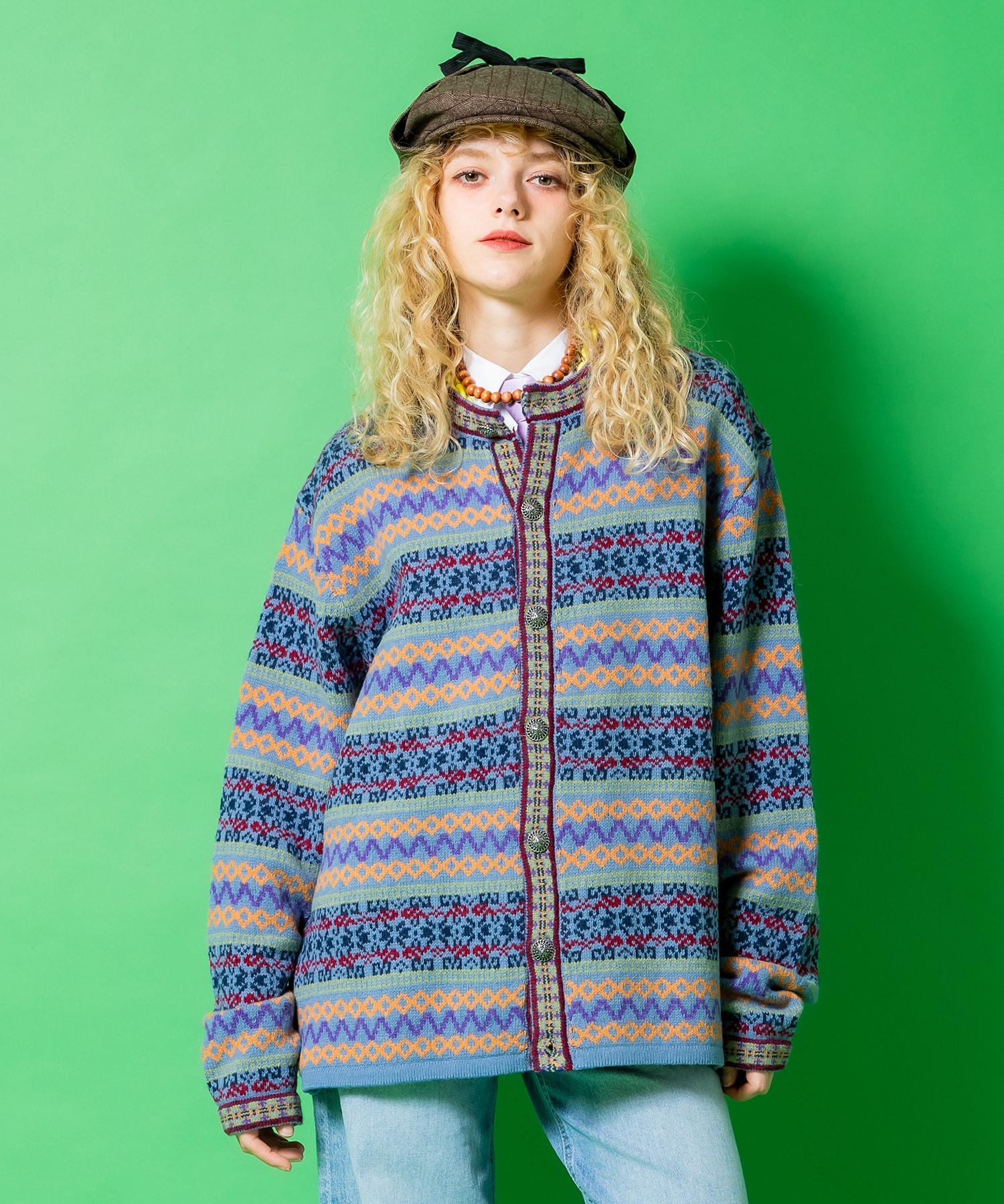 a.p.o.v. フェアアイル柄ニット刻印コンチョボタンクルーネックカーディガン